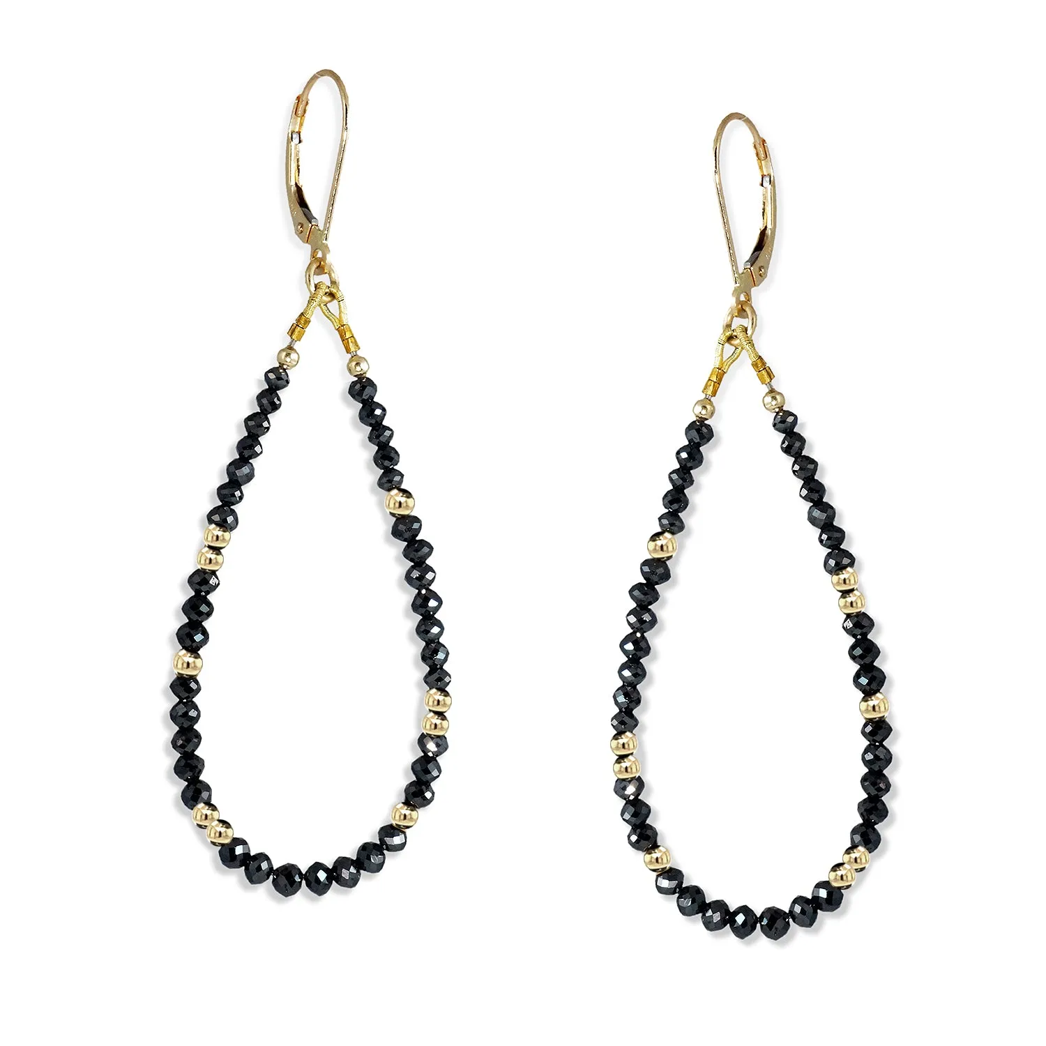 14k Gold Bead and Black Diamond Asymmetrical Earrings