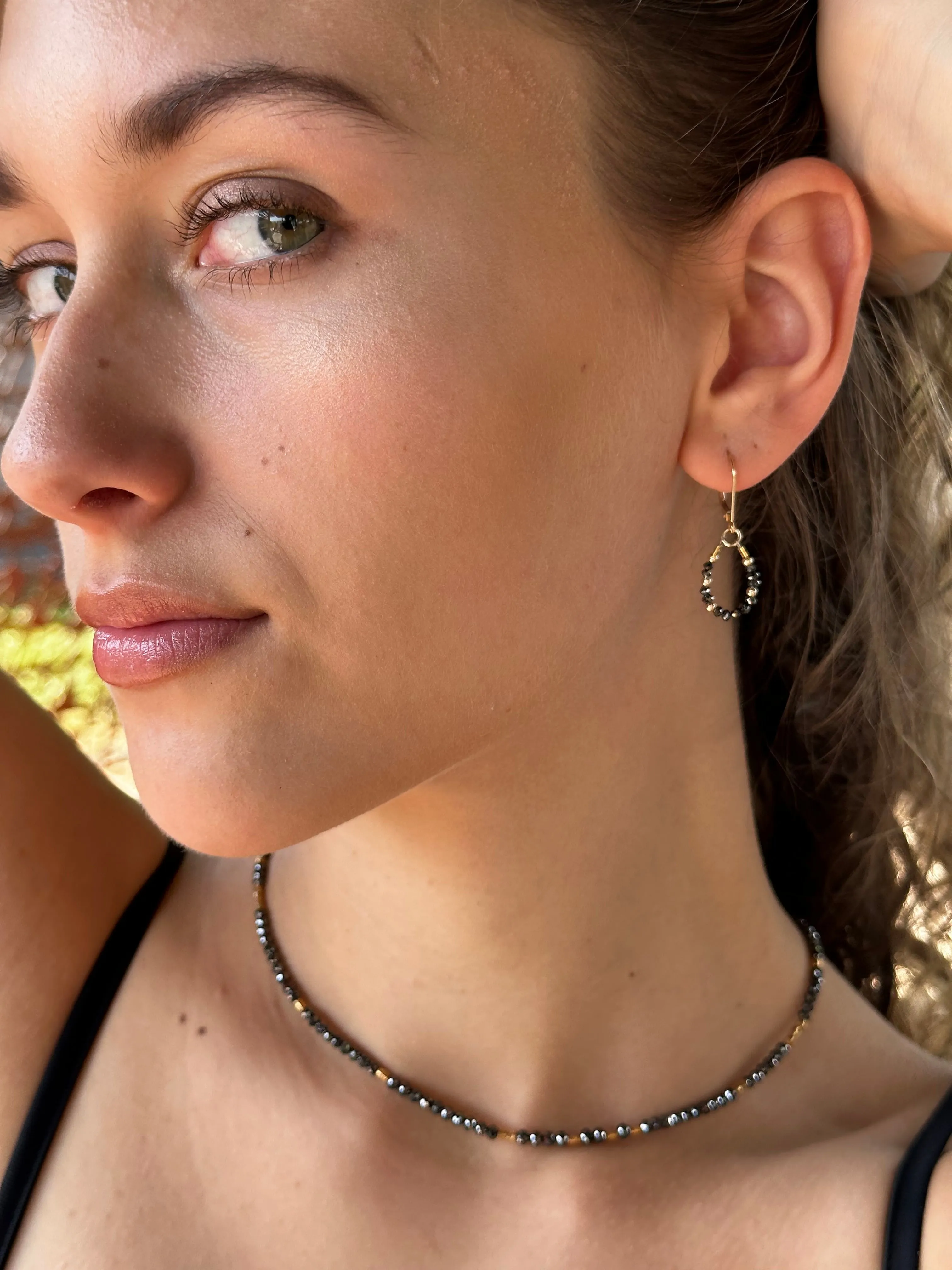 14k Gold Bead and Black Diamond Asymmetrical Earrings