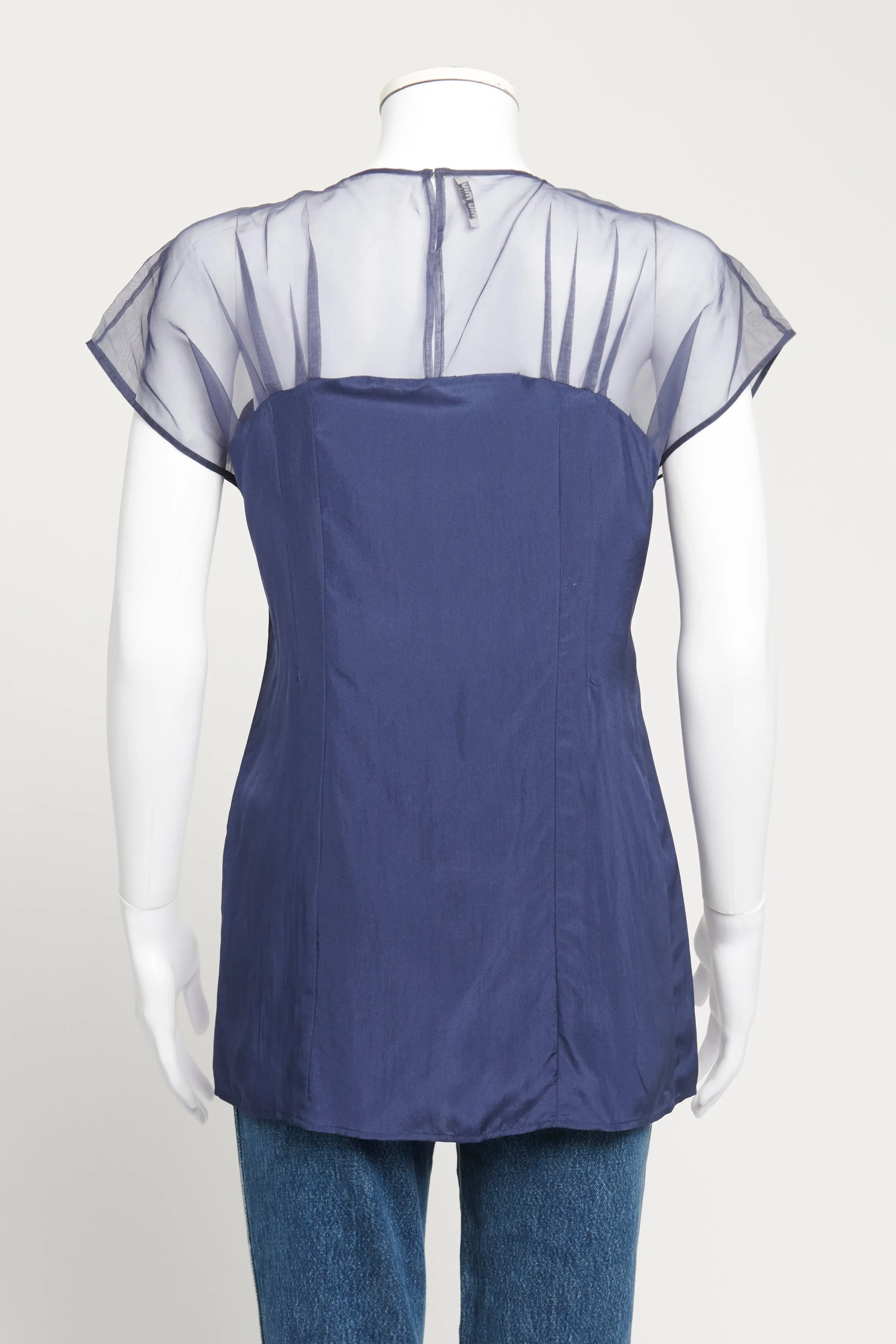 2010 Blue Silk Preowned Blouse with Mesh Detail