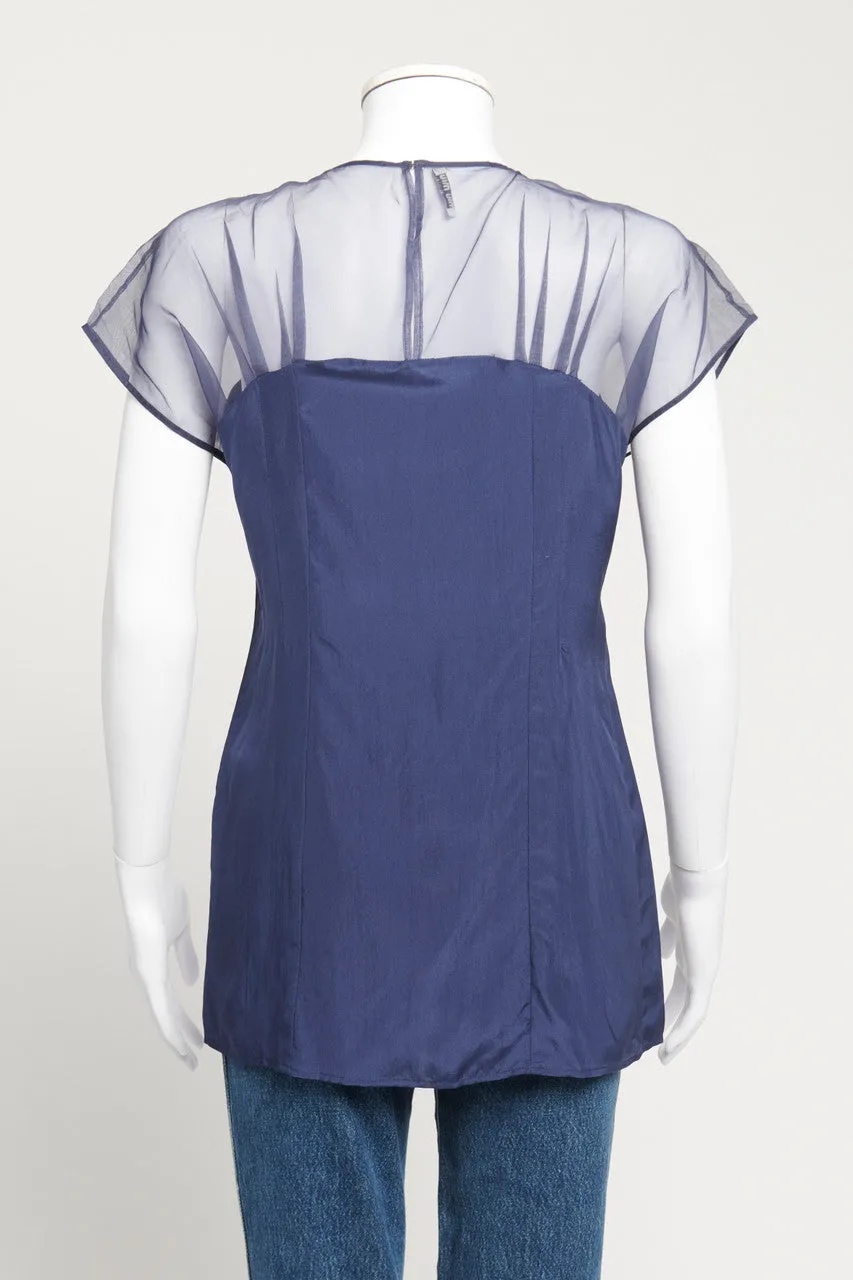 2010 Blue Silk Preowned Blouse with Mesh Detail