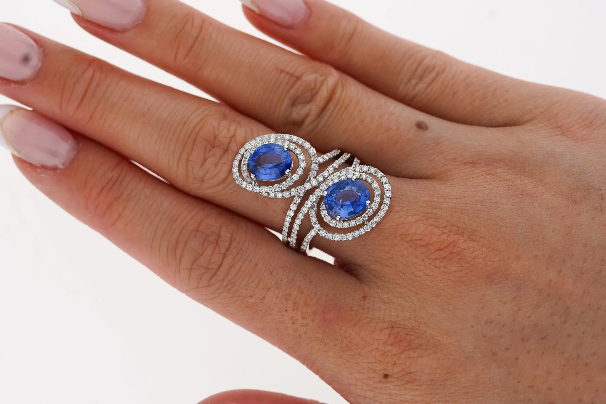 4.51 Carat Oval Blue Sapphire & Diamond Two Stone Vertical Pave Swirl Ring