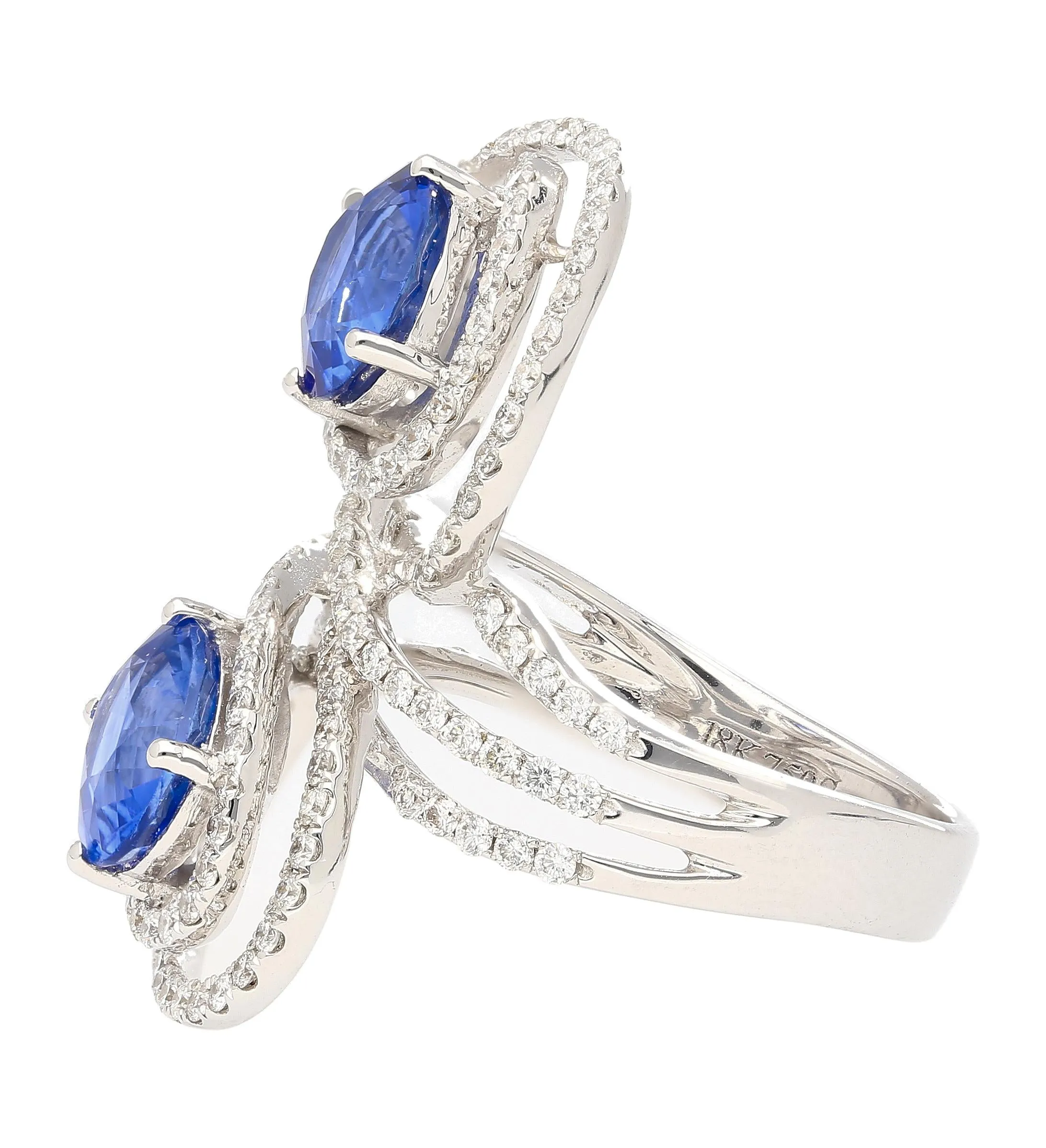 4.51 Carat Oval Blue Sapphire & Diamond Two Stone Vertical Pave Swirl Ring