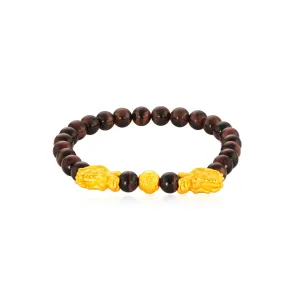 999 Gold Double Dragon with Blue/Red Tiger's Eye Beads Bracelet