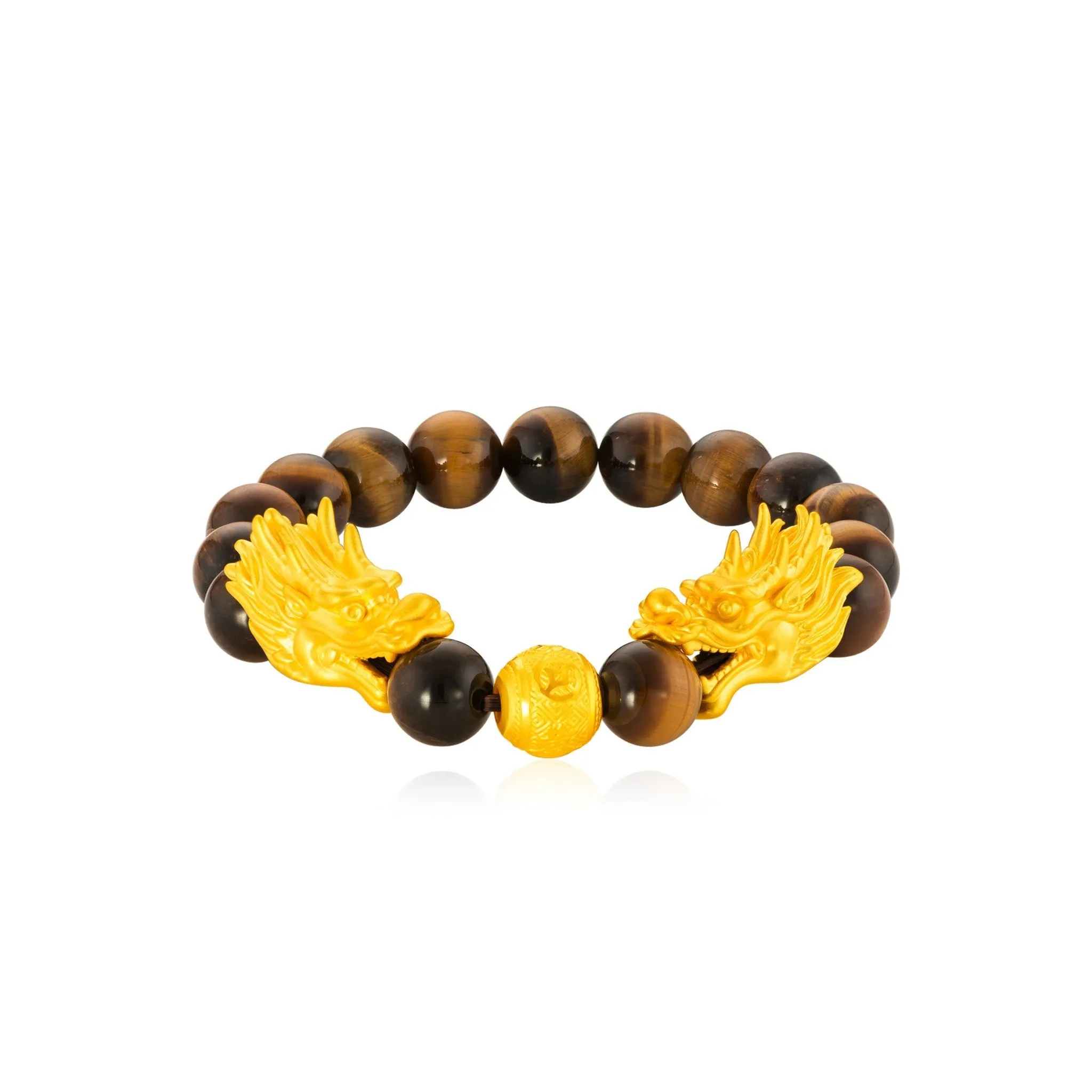 999 Gold Double Dragon with Tiger's Eye Beads Bracelet (For Him)