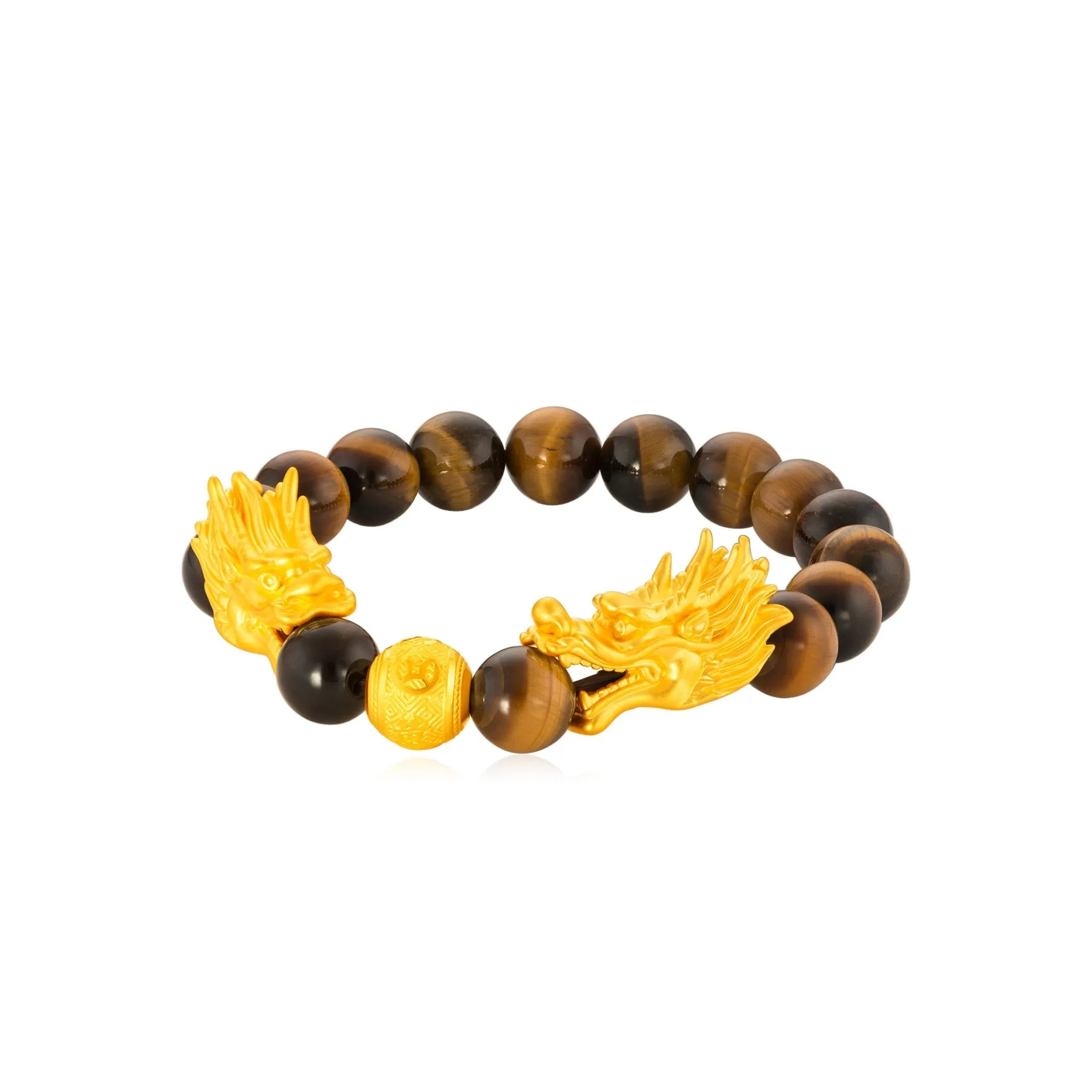 999 Gold Double Dragon with Tiger's Eye Beads Bracelet (For Him)