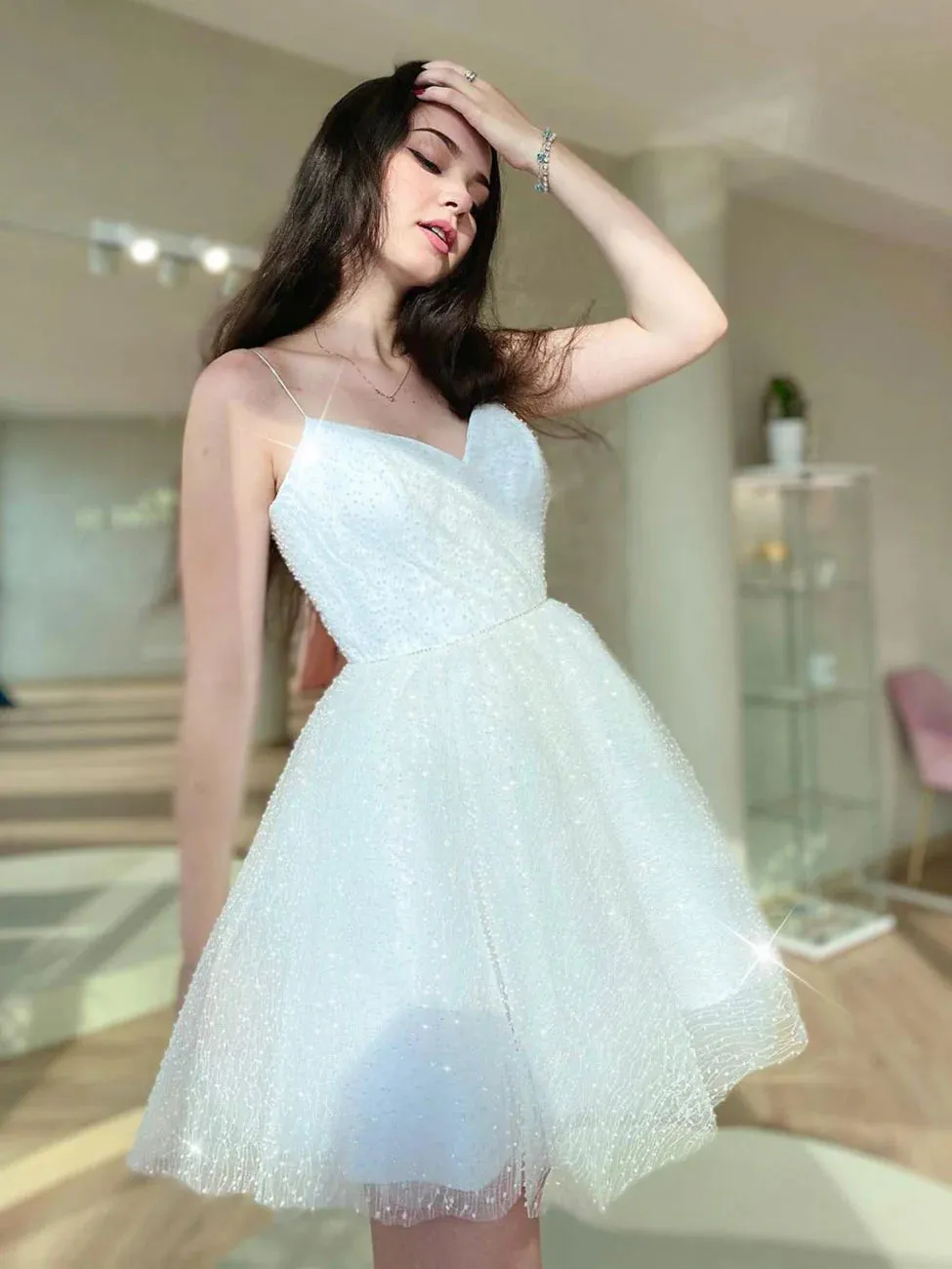 A line White Mini Sparkling Prom Dress Homecoming Dresses