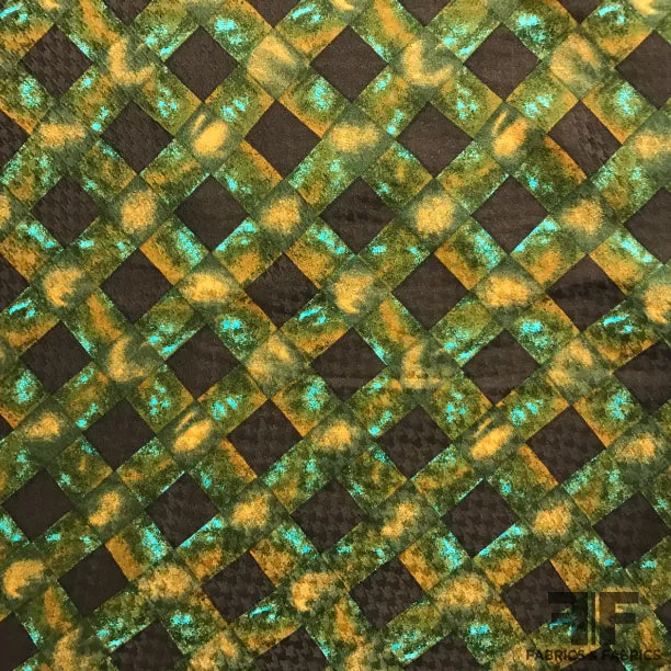 Abstract Check Printed Silk Jacquard - Green/Brown/Blue