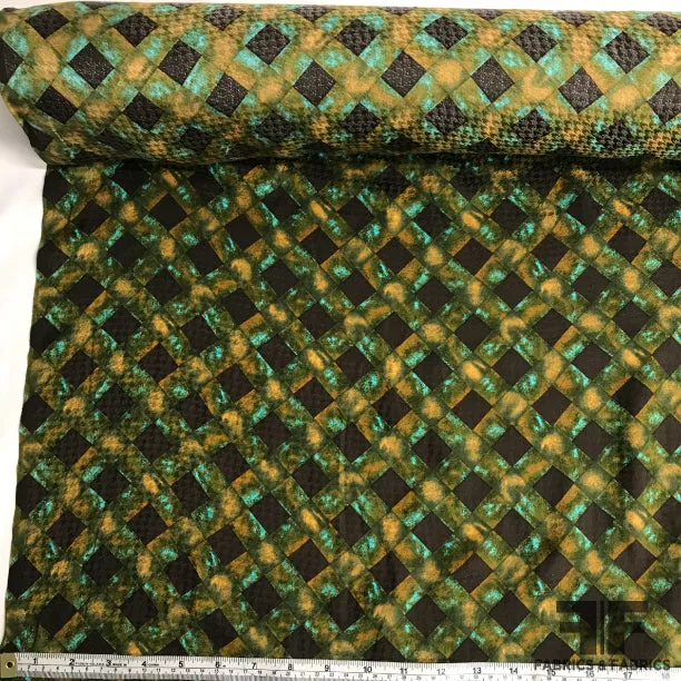 Abstract Check Printed Silk Jacquard - Green/Brown/Blue