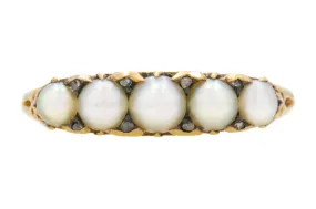 Antique 18ct Gold Pearl Half Hoop Ring, with Diamond Spacers