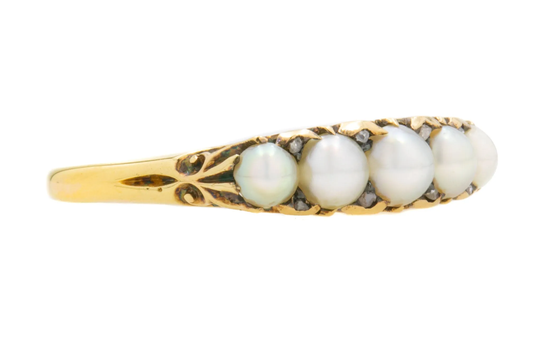 Antique 18ct Gold Pearl Half Hoop Ring, with Diamond Spacers