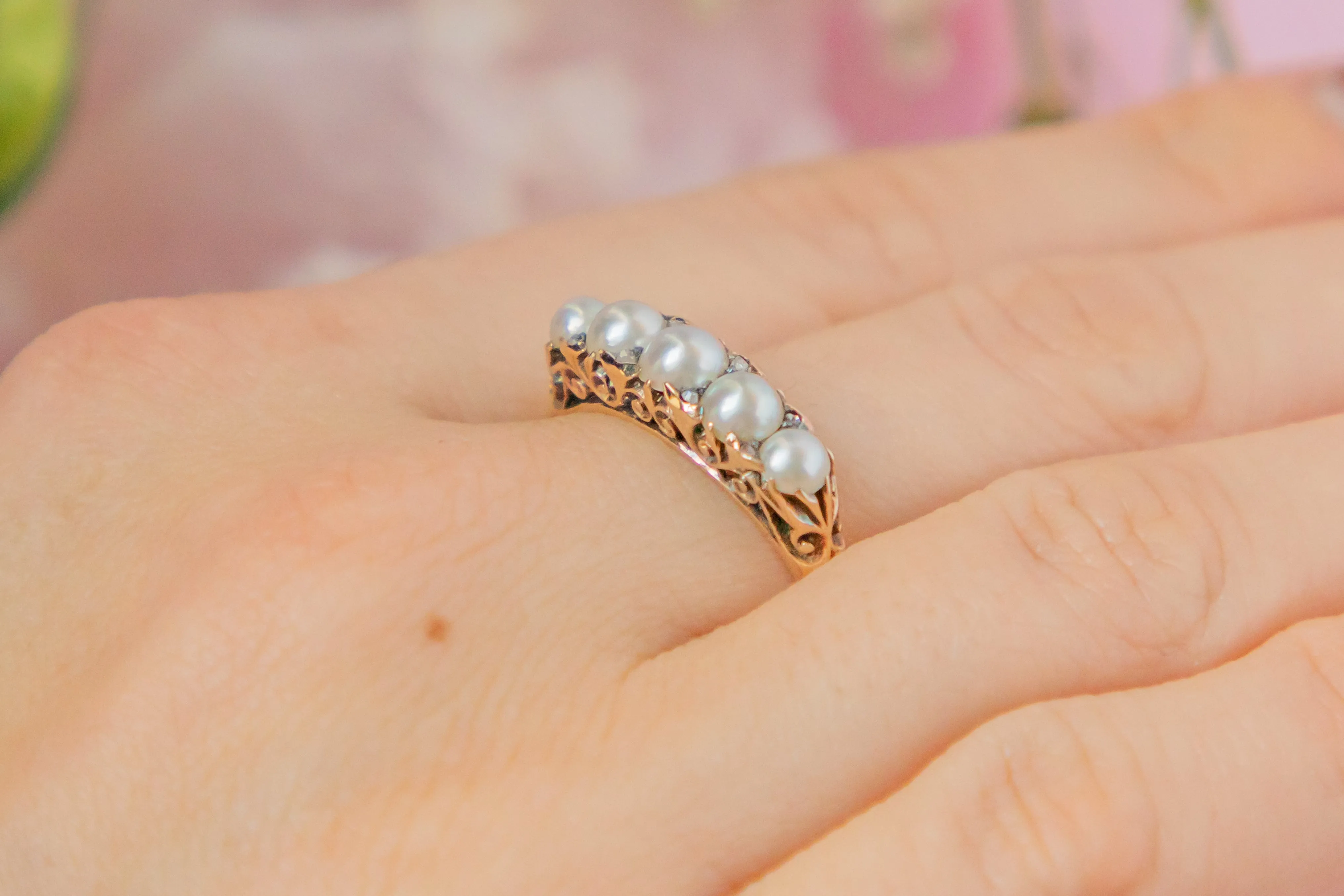 Antique 18ct Gold Pearl Half Hoop Ring, with Diamond Spacers