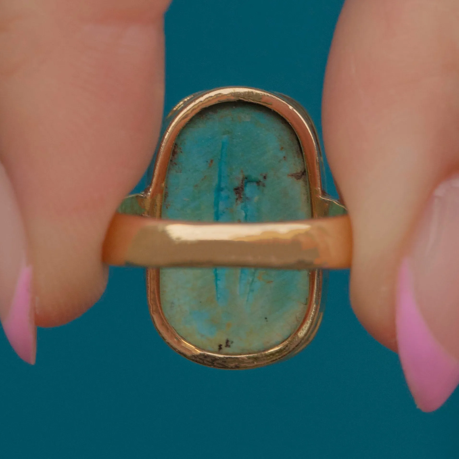 Antique 9ct Gold Egyptian Faience Scarab Ring