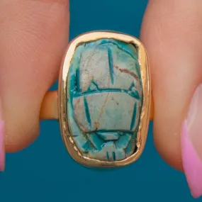 Antique 9ct Gold Egyptian Faience Scarab Ring