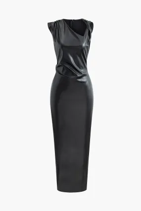 Asymmetrical Twist Ruched Faux Leather Sleeveless Slit Maxi Dress