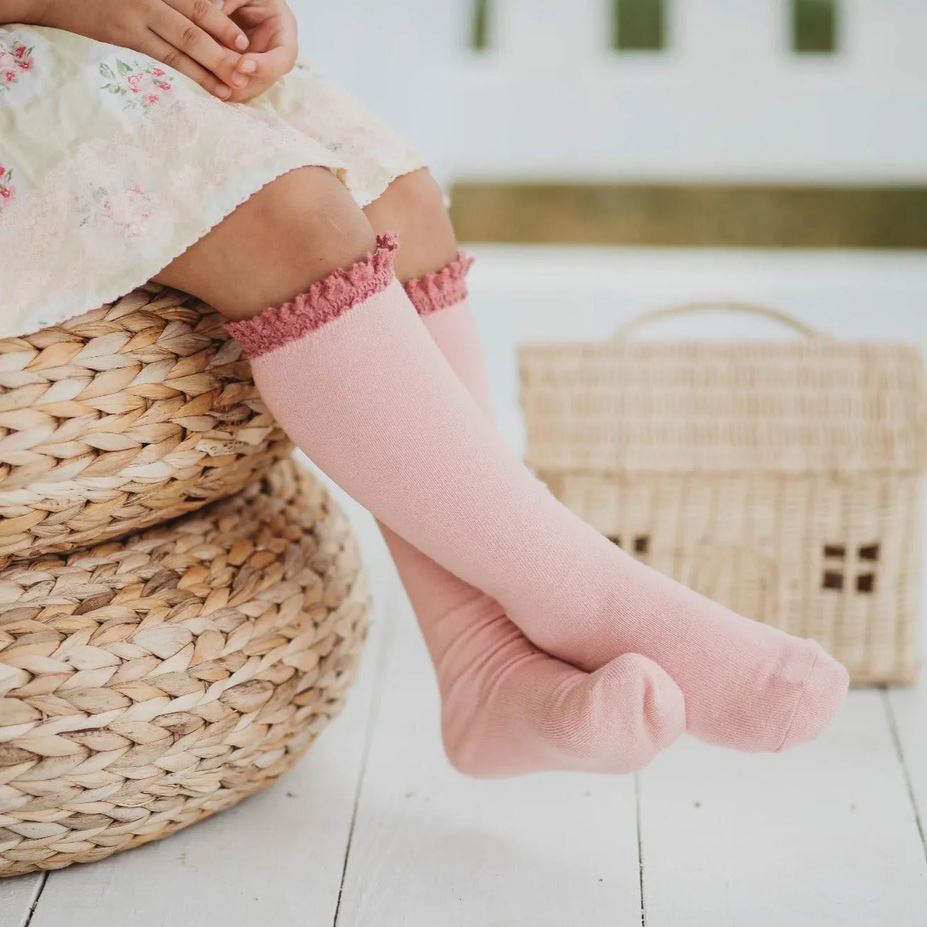 Blush   Mauve Lace Top Knee High Socks