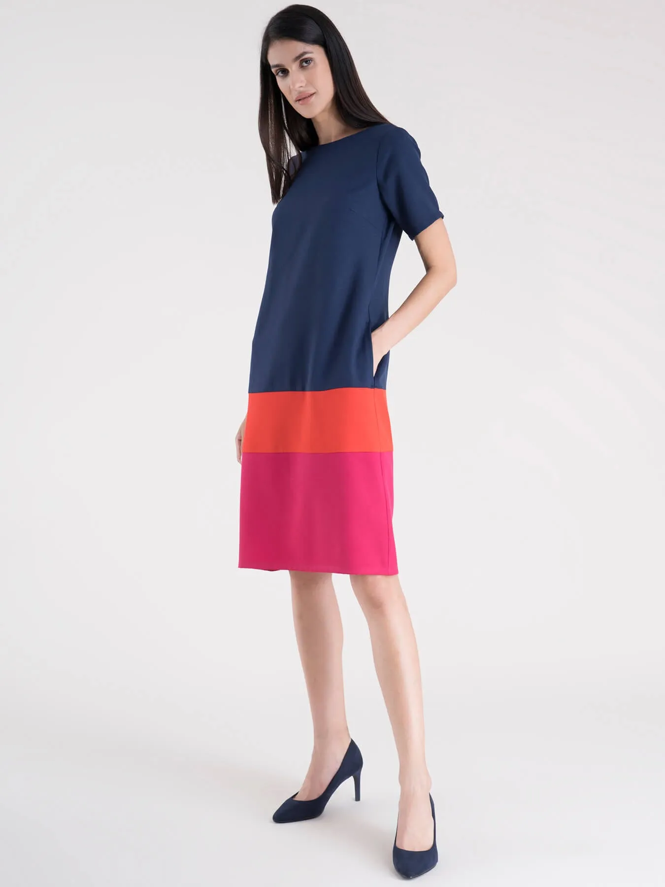 Boat Neck Color Block Shift Dress - Navy, Coral And Fuchsia