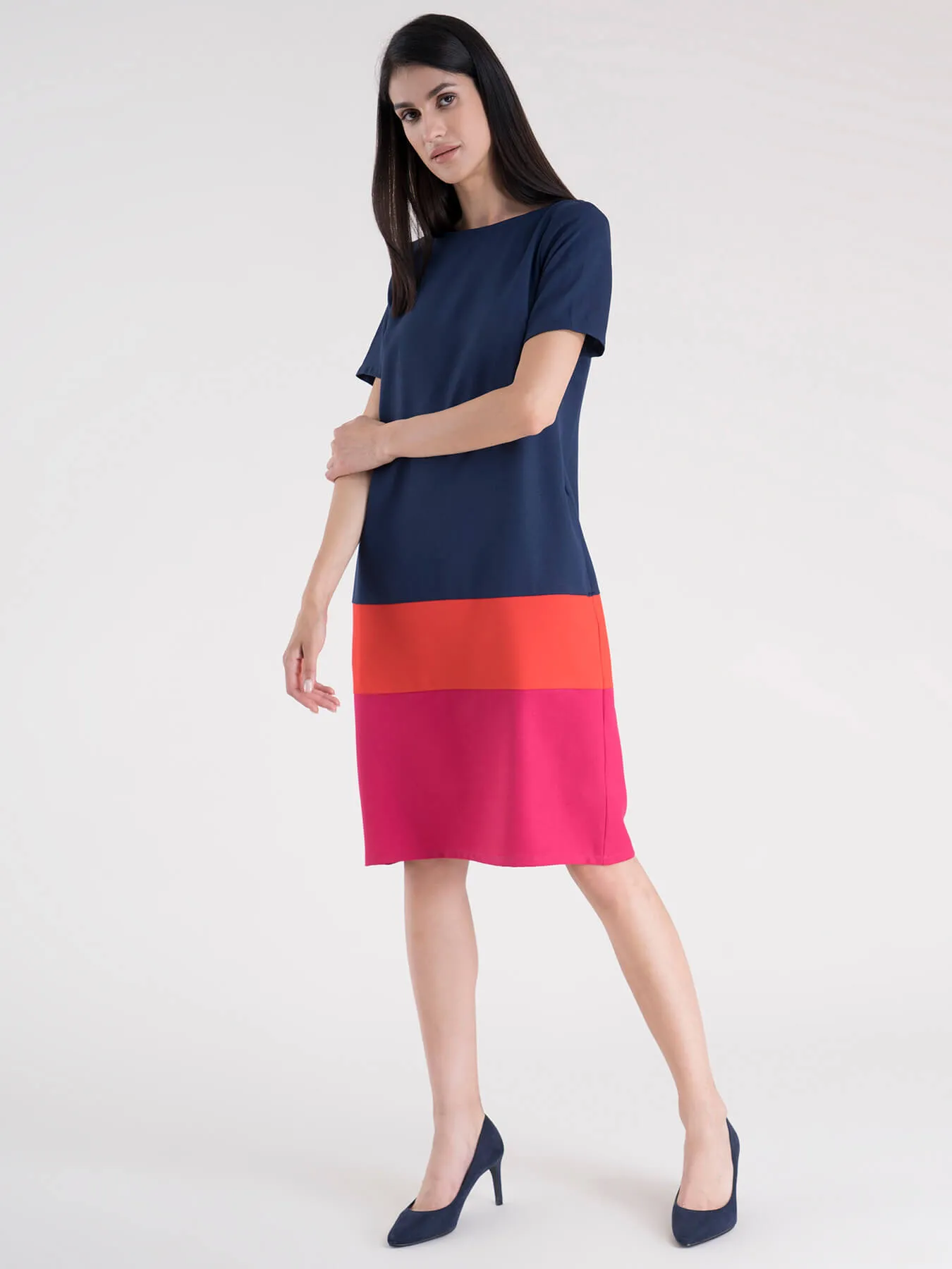 Boat Neck Color Block Shift Dress - Navy, Coral And Fuchsia