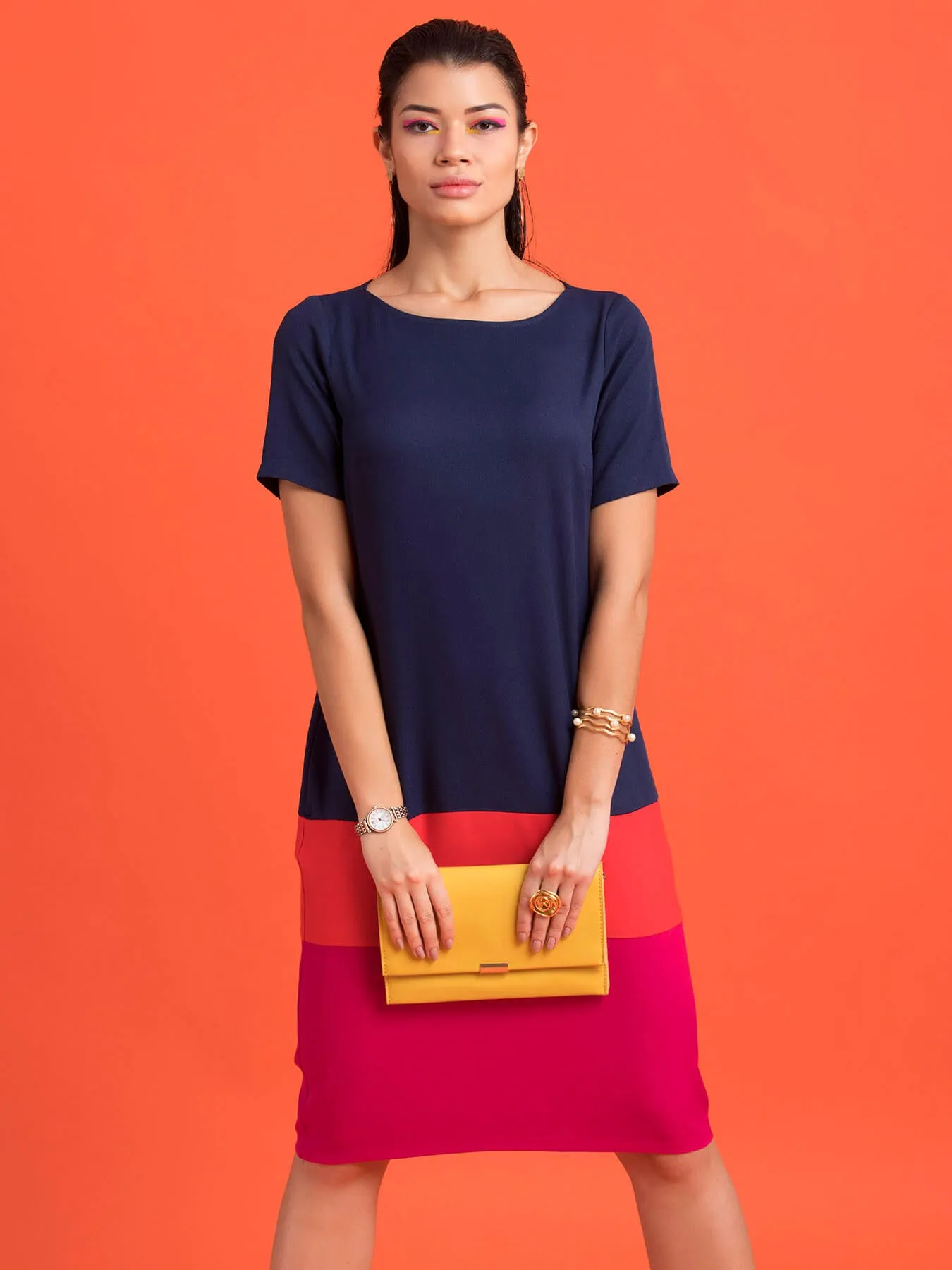 Boat Neck Color Block Shift Dress - Navy, Coral And Fuchsia