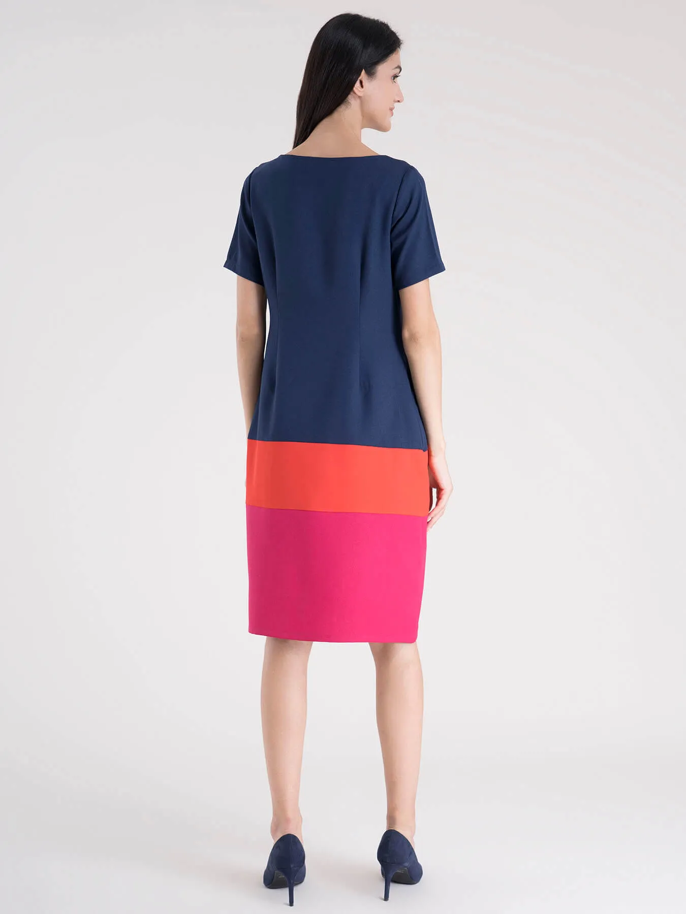 Boat Neck Color Block Shift Dress - Navy, Coral And Fuchsia