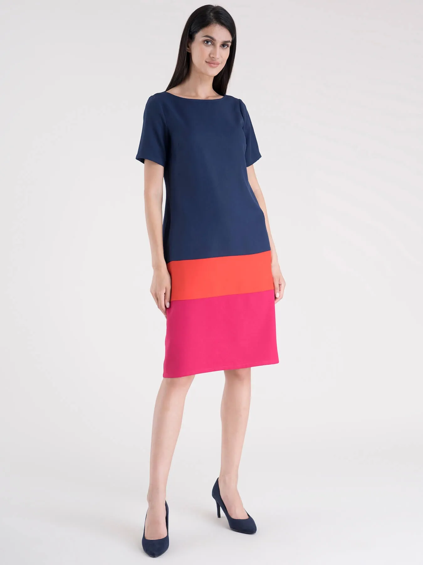 Boat Neck Color Block Shift Dress - Navy, Coral And Fuchsia