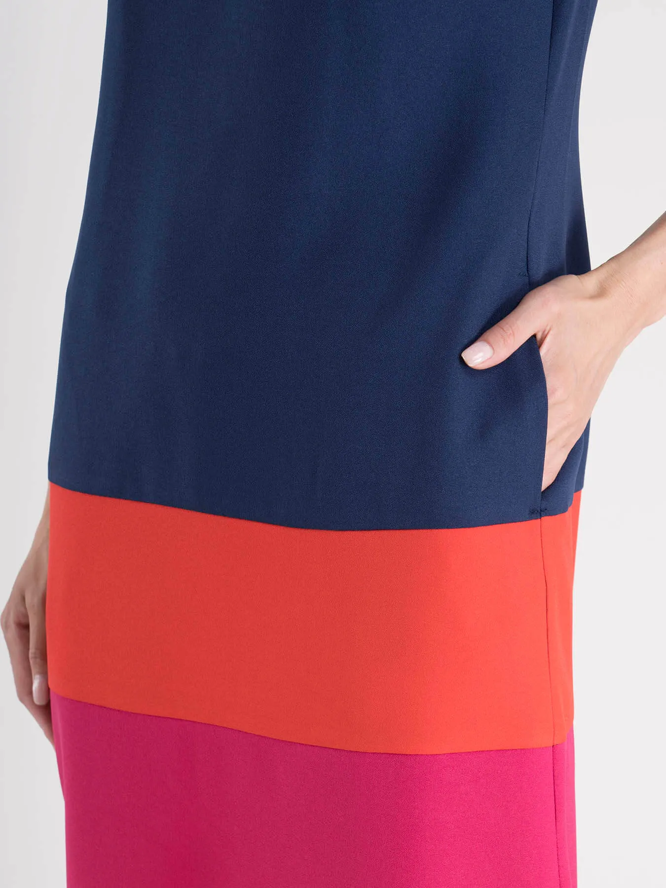 Boat Neck Color Block Shift Dress - Navy, Coral And Fuchsia