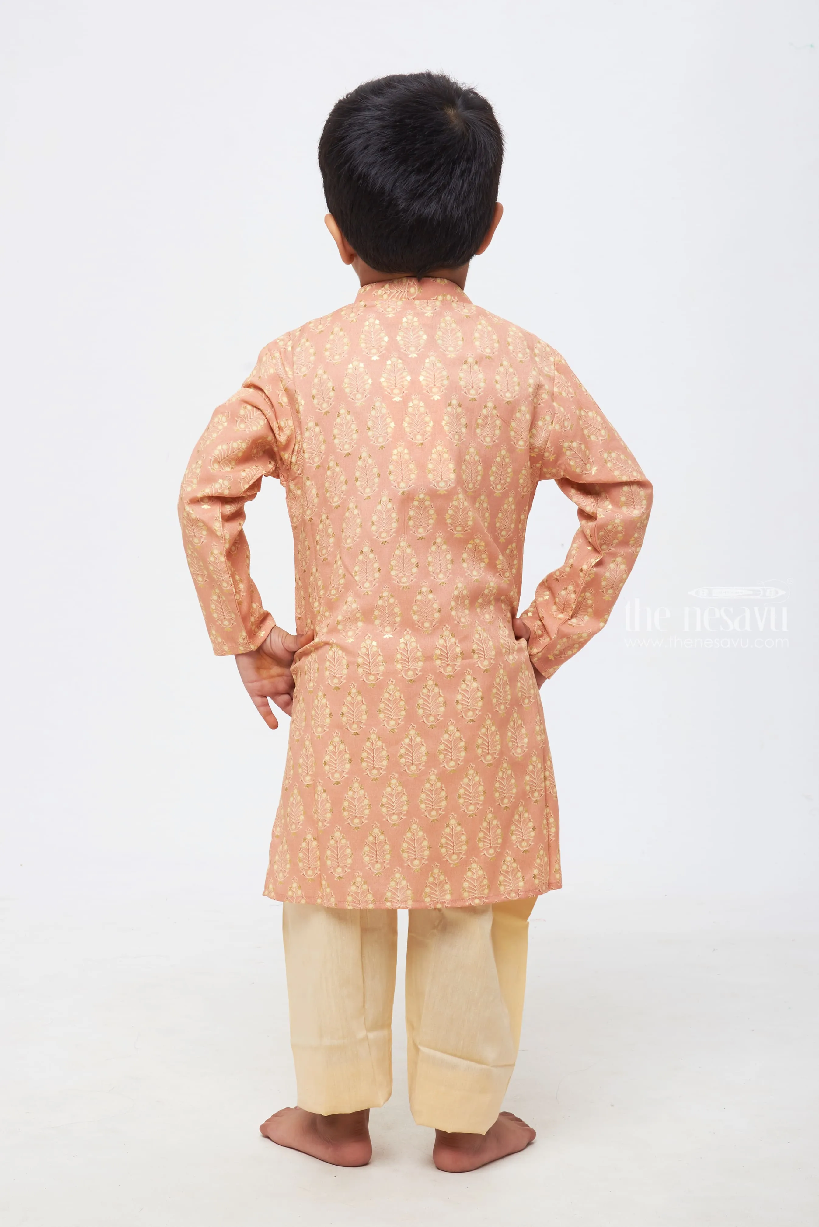 Boys' Dusty Rose Kurta with Royal-Inspired Motifs & Ivory Pant Set