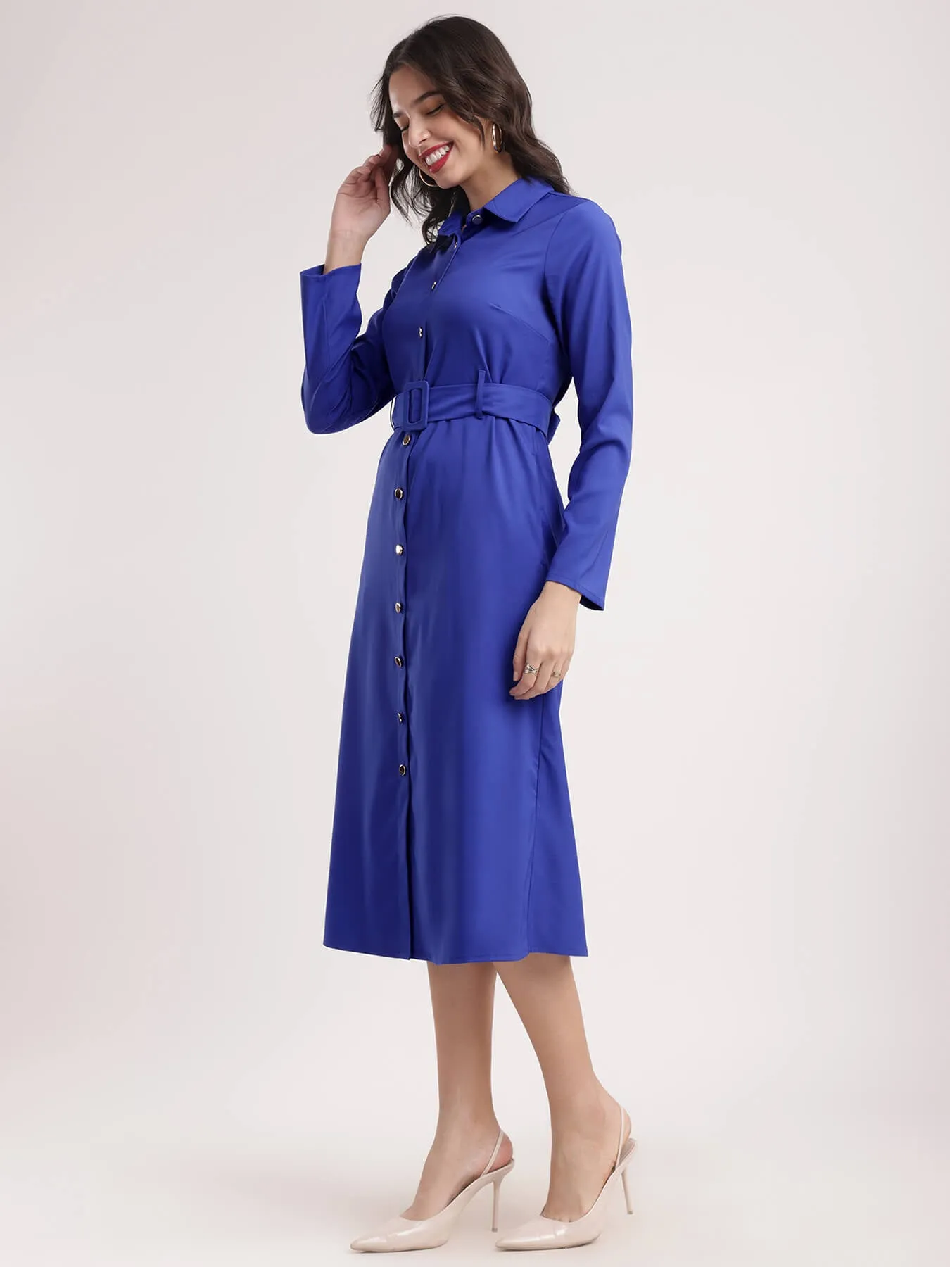 Button Down Shirt Dress - Royal Blue