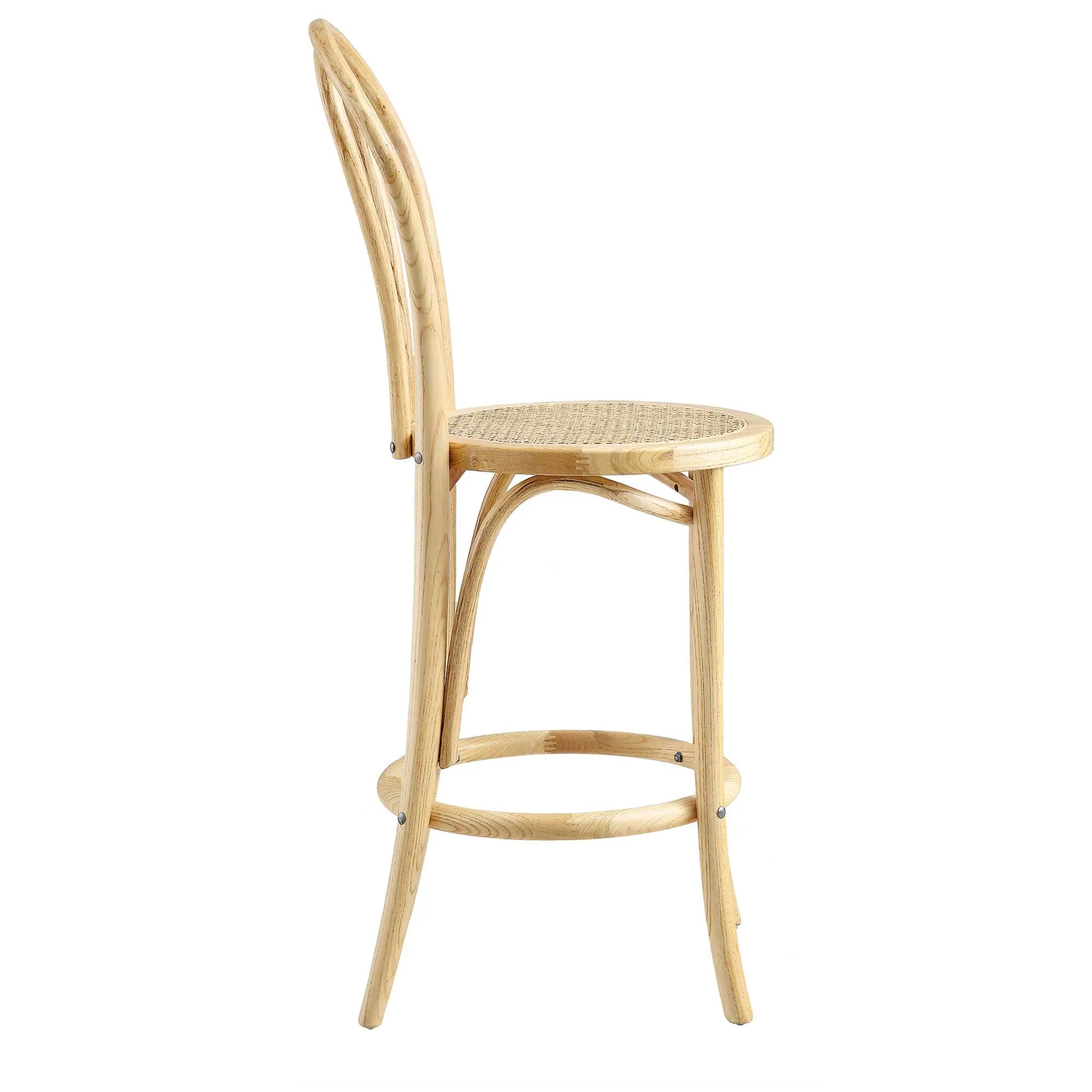 Camille Elm Wood and Rattan Bentwood Counter Stool, Natural