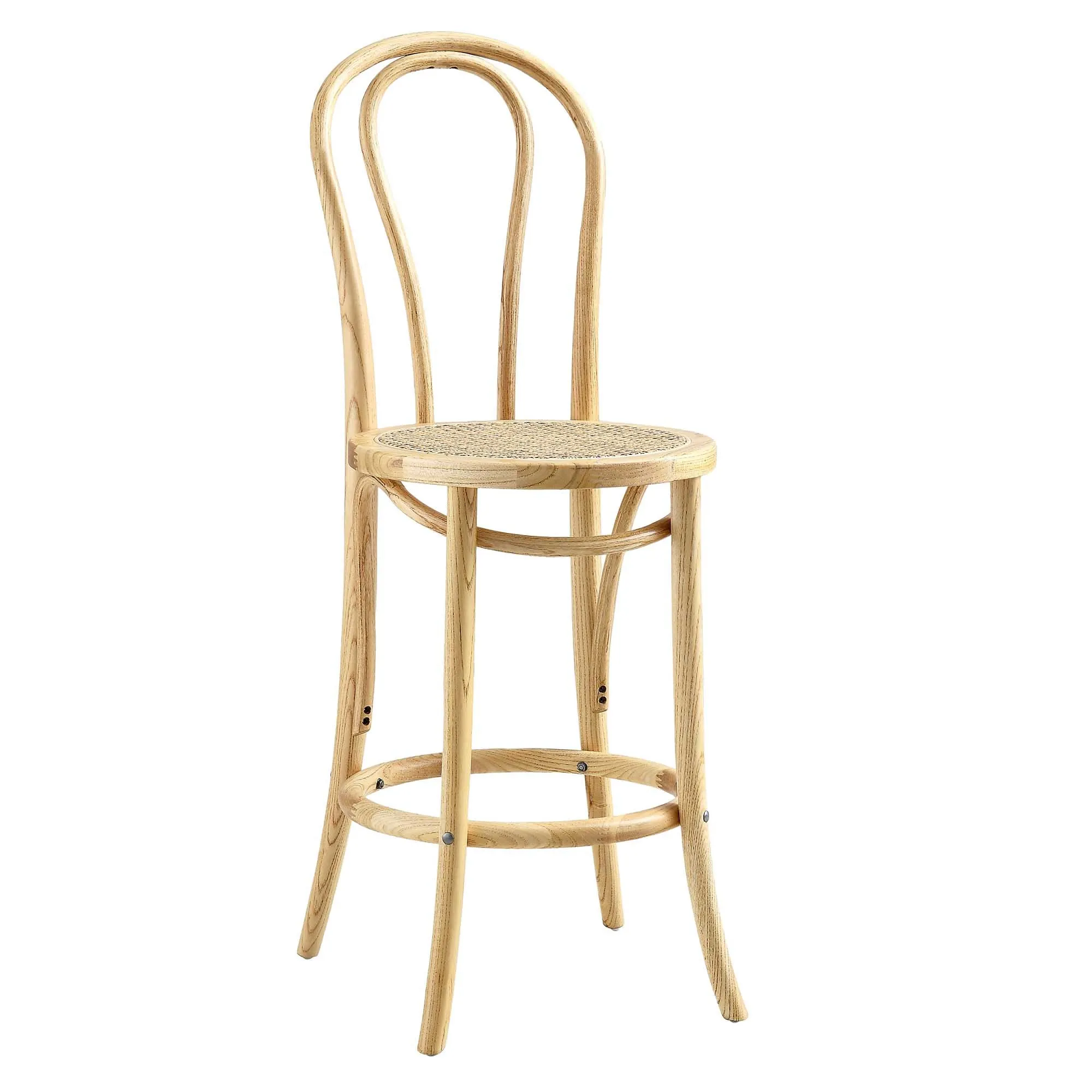 Camille Elm Wood and Rattan Bentwood Counter Stool, Natural