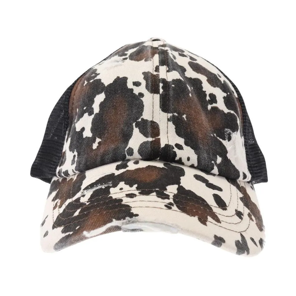 CC Beanie Cow Print Crisscross Ladies High Ponytail Cap