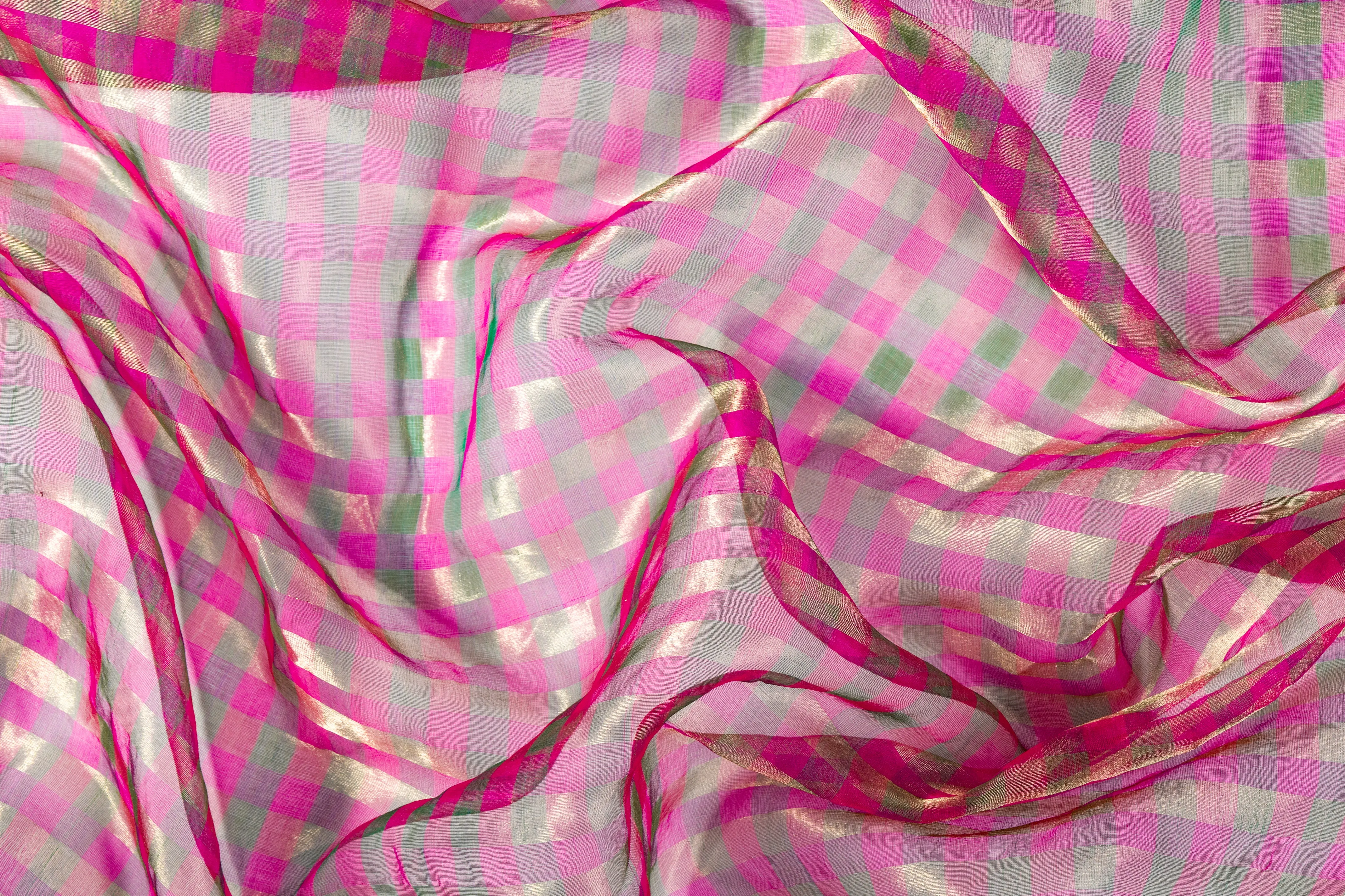 Checked Metallic Silk Organza - Pink / Green