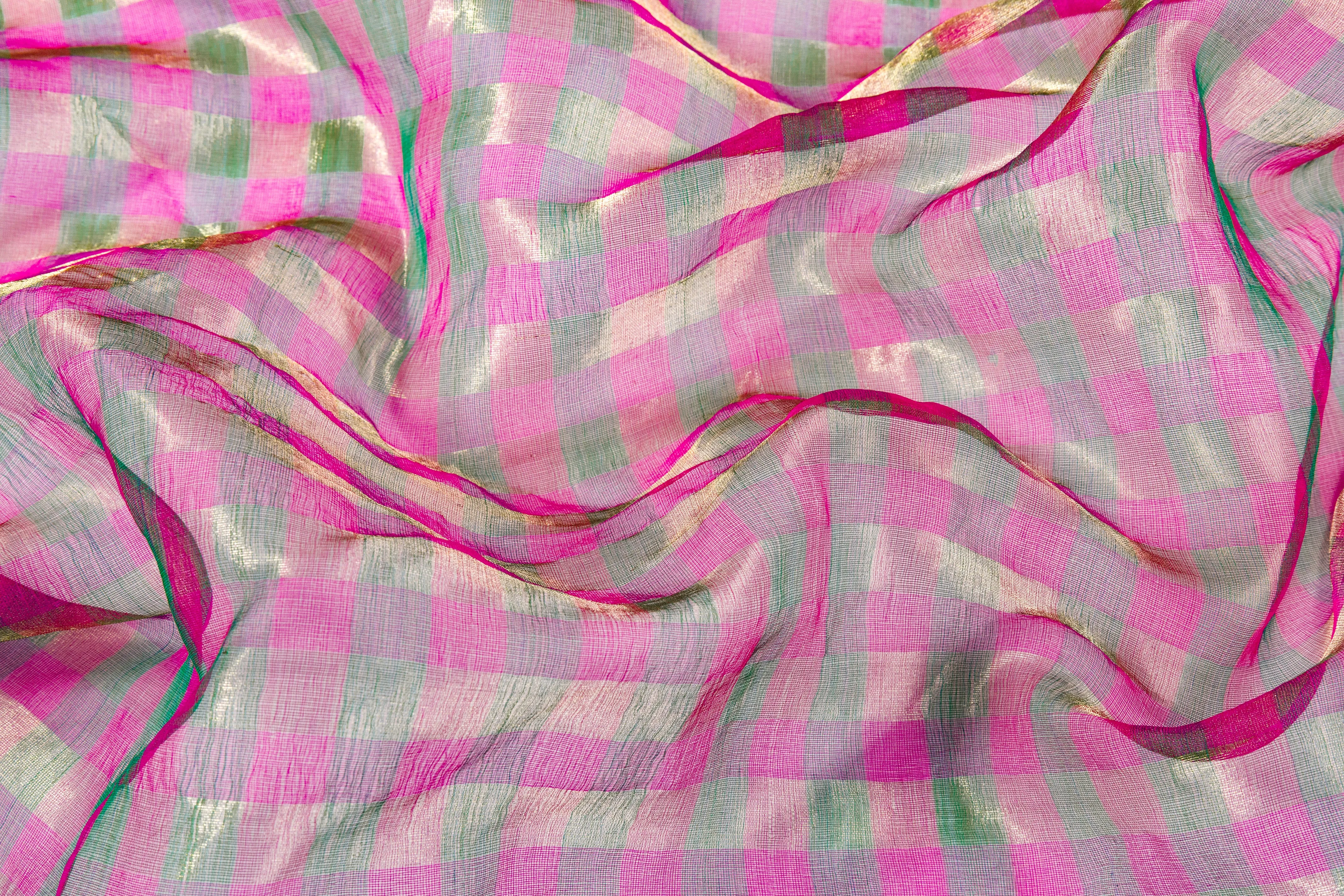 Checked Metallic Silk Organza - Pink / Green