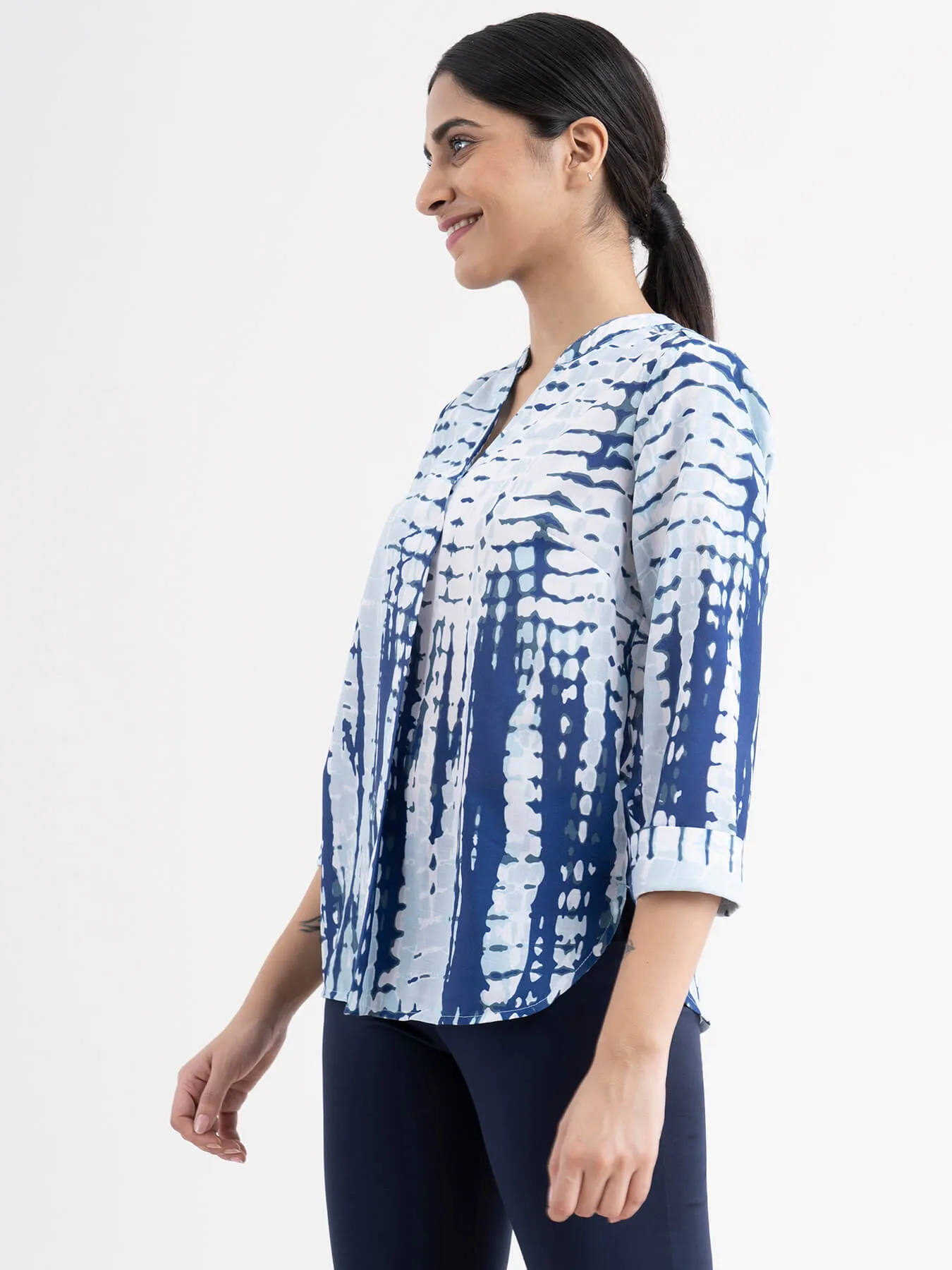 Cotton Shibori Print Top - White And Blue