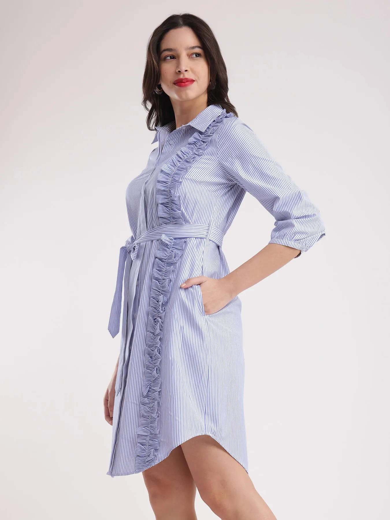 Cotton Striped Dress - Blue And White