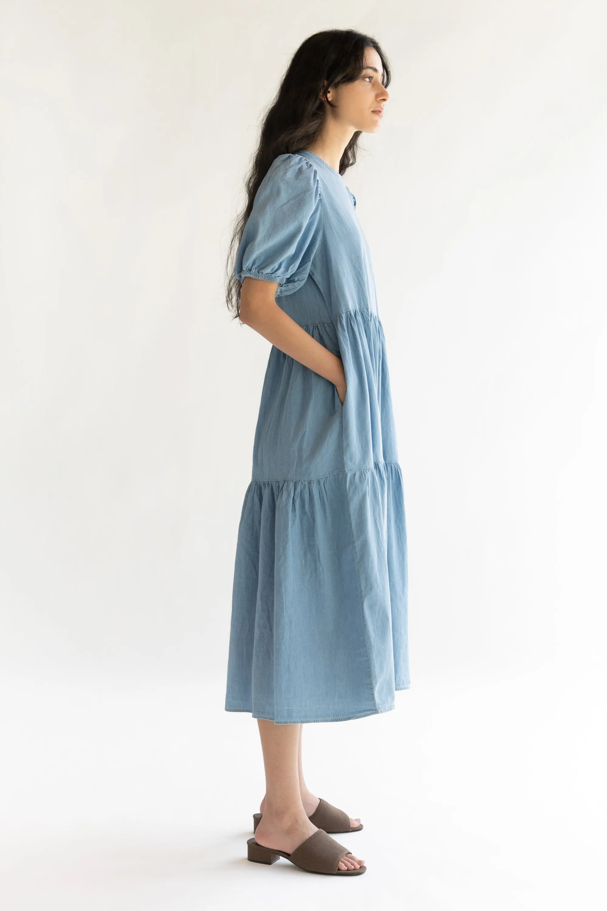 DENIM TIERED MIDI DRESS