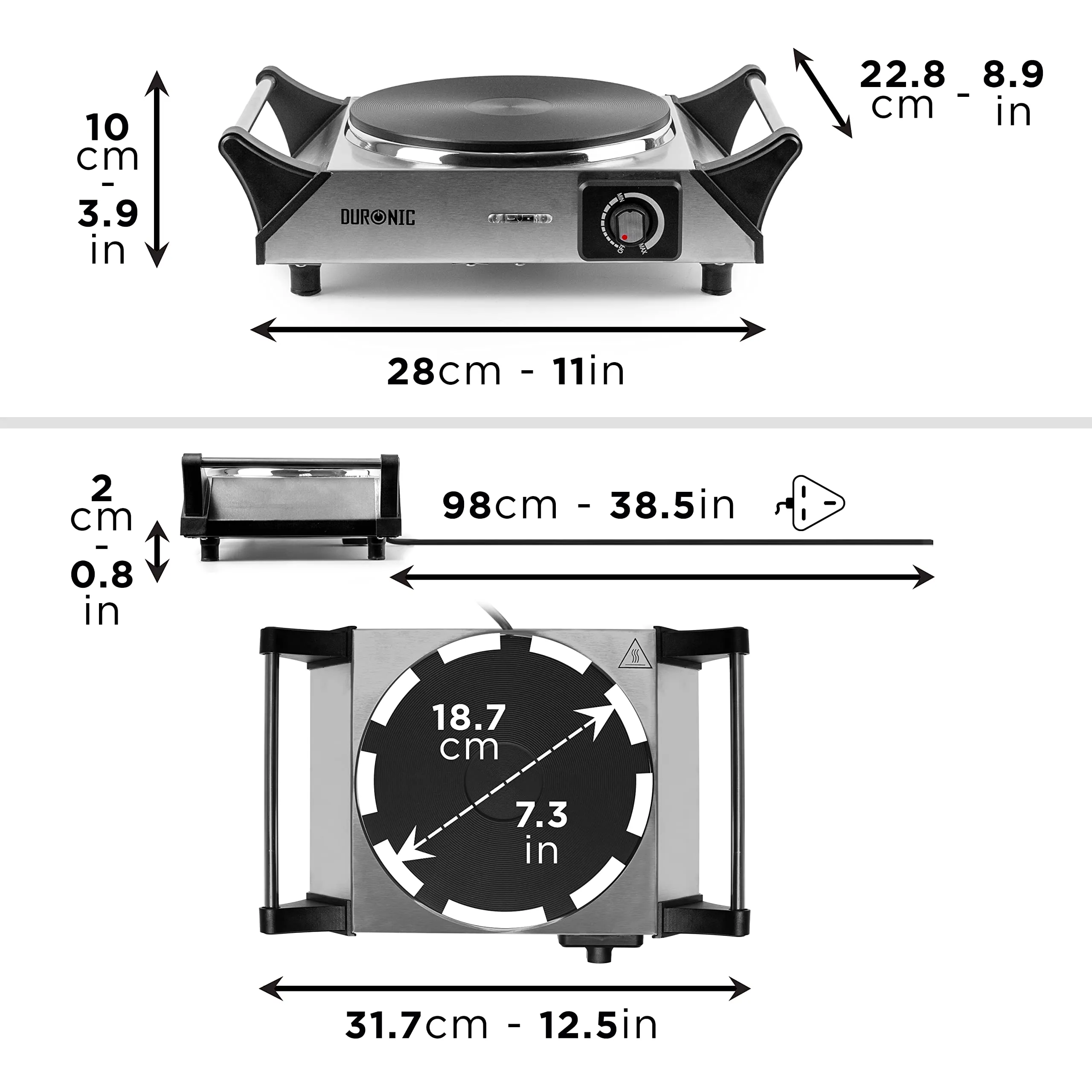 Duronic Hot Plate HP1 SS Stainless-Steel Electric Single Hob with Handles, Table-Top Cooking 1500W 1 Cast Iron Portable Hob Ring, Cooking Boiling Frying Simmering