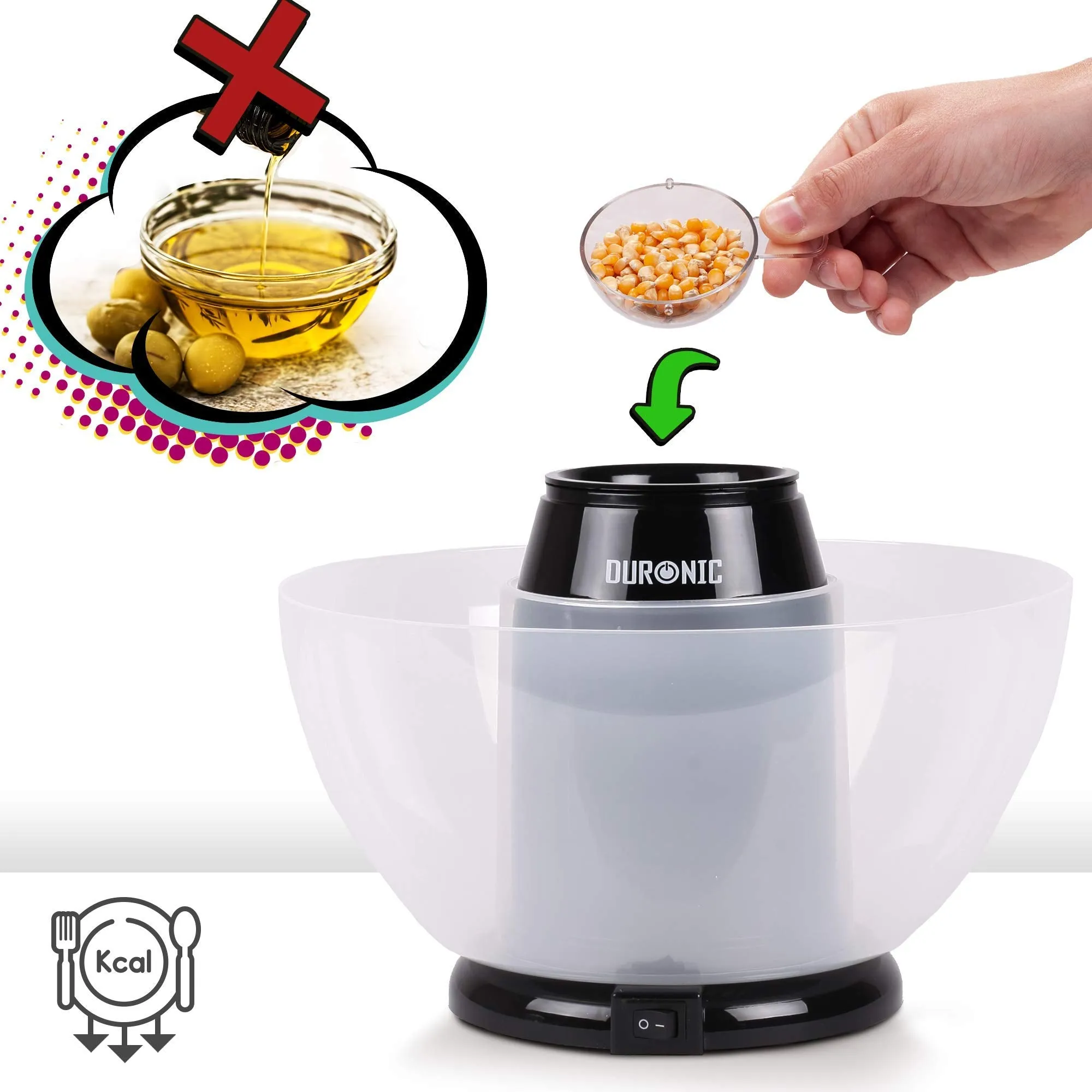 Duronic Popcorn Maker POP50 /BK [BLACK]| Hot Air Corn Popper | Make Homemade Healthy Oil-Free Popcorn | Low Calorie Snacking | Comes with Measuring Cup and Serving Bowl | 1200W