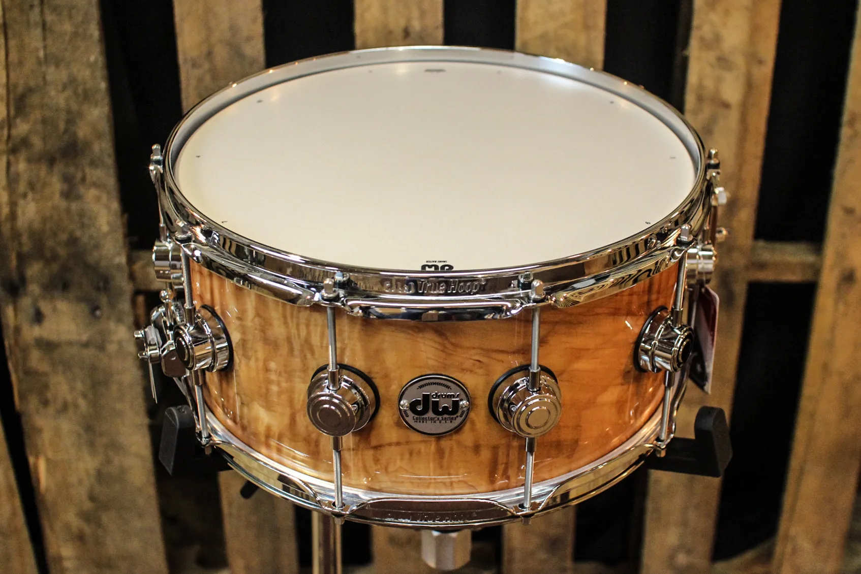 DW Collector's Maple Natural Lacquer Over Olive Ash Burl 6.5x14 - SO# 1101153