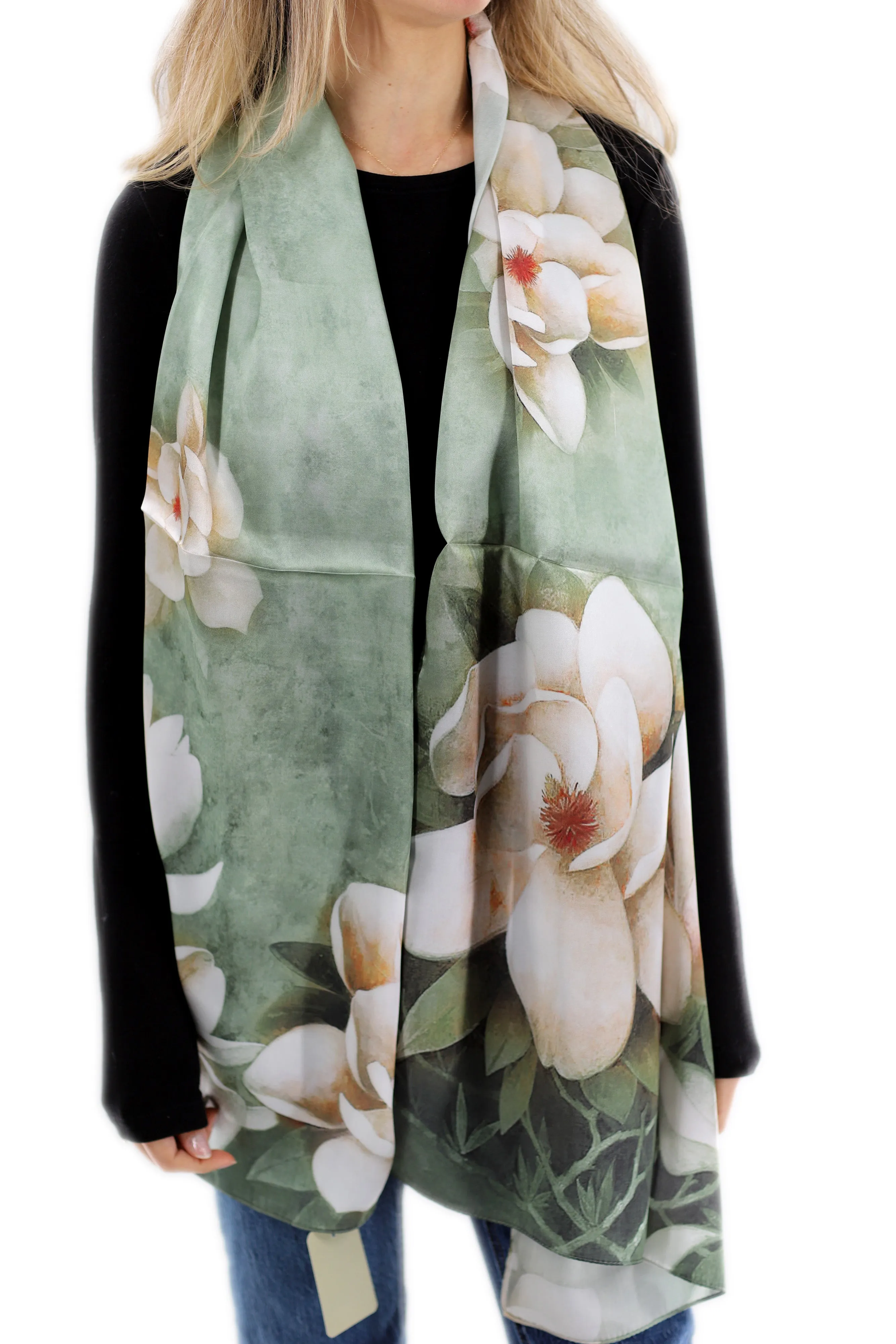 Elegant 100% Silk Floral Print Scarf - Green - One Size (38x30in)