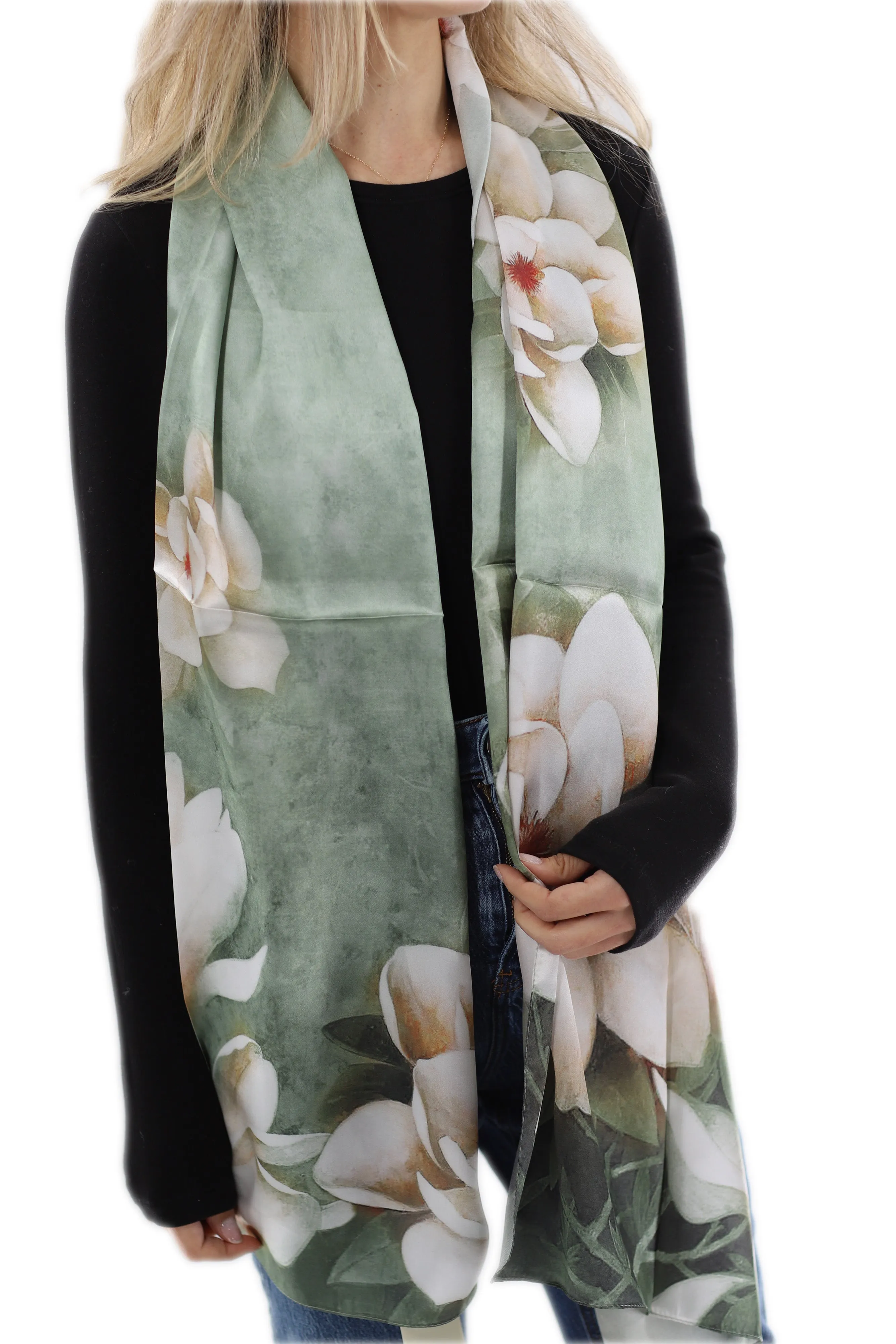 Elegant 100% Silk Floral Print Scarf - Green - One Size (38x30in)