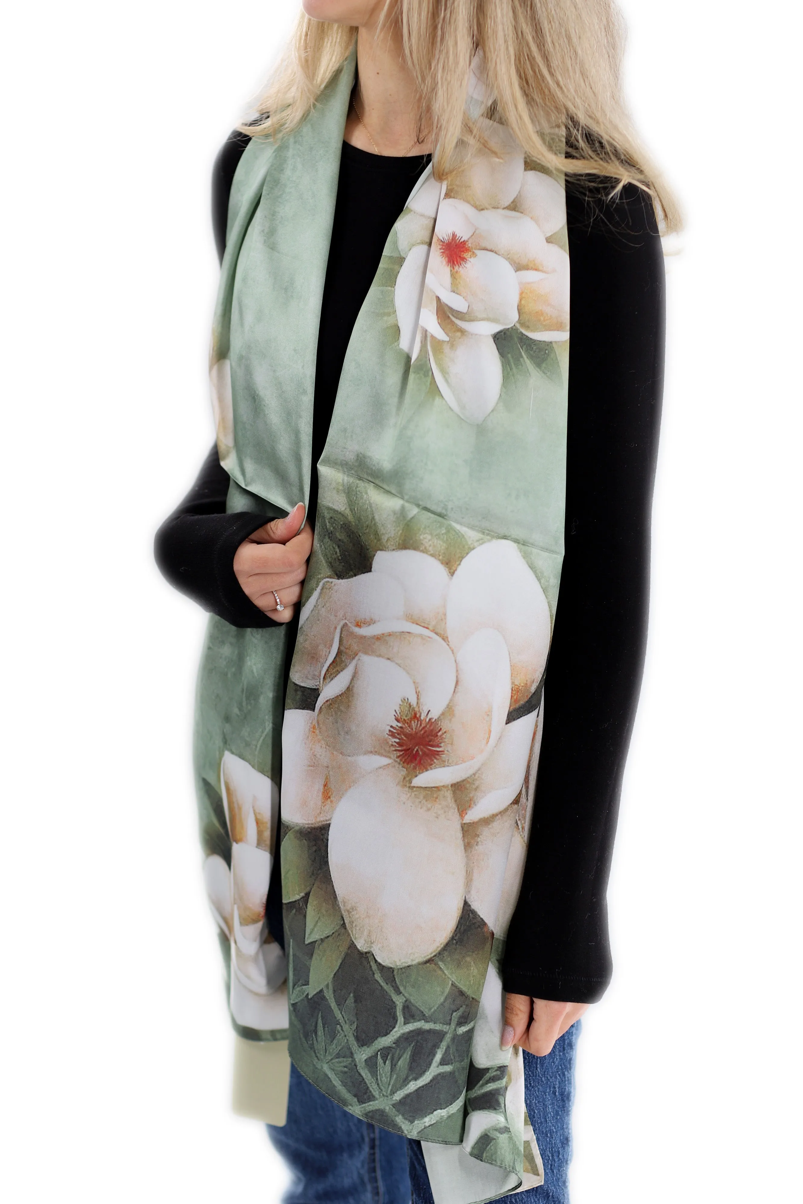 Elegant 100% Silk Floral Print Scarf - Green - One Size (38x30in)