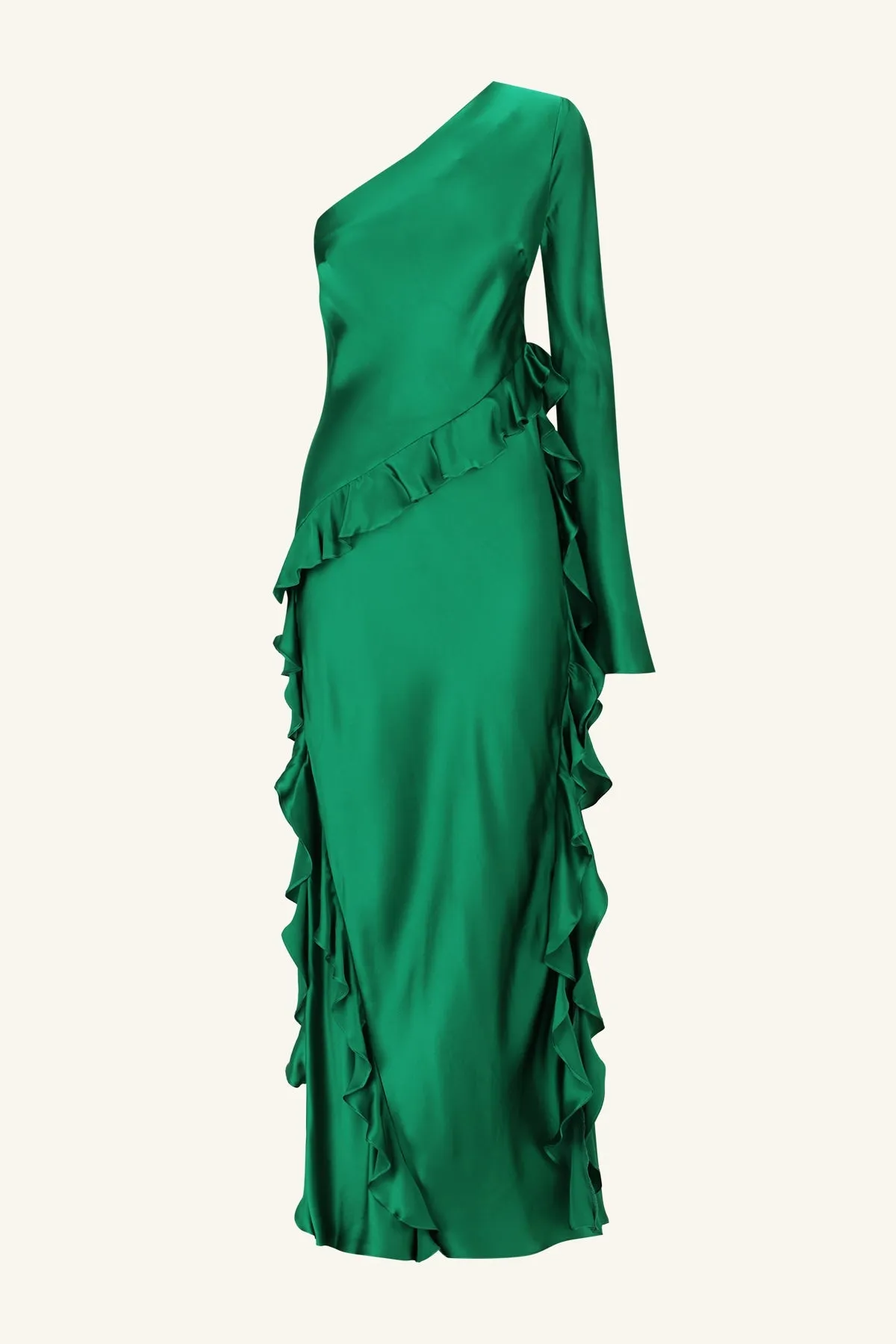 ELLE SILK ASYMMETRICAL ONE SHOULDER RUFFLE MAXI DRESS - EMERALD GREEN