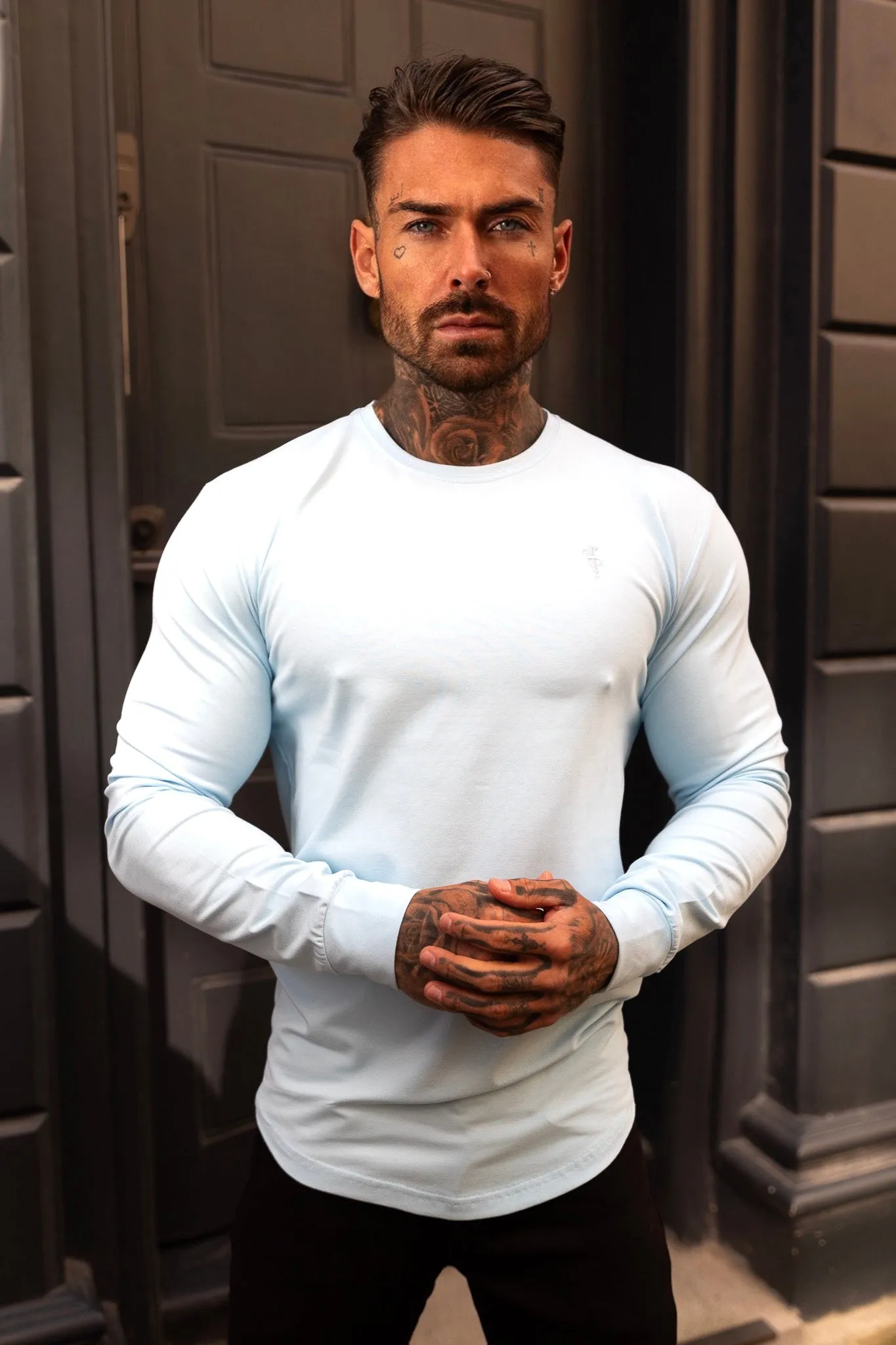 Father Sons Classic Baby Blue Tonal Curved Hem Long Sleeve Crew T Shirt - FSH999