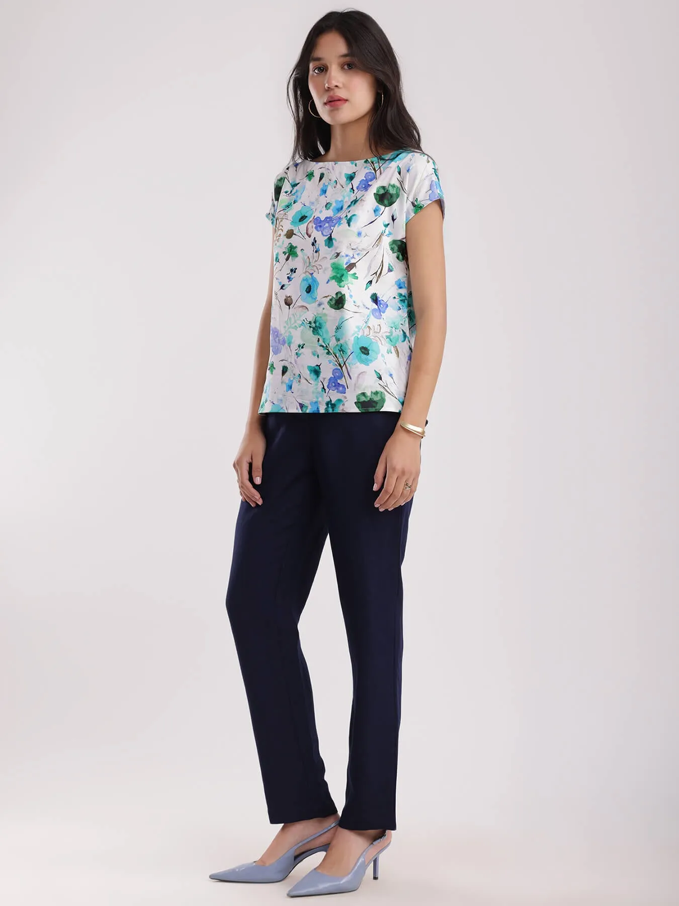 Floral Boat Neck Top - Blue And Green