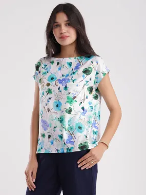 Floral Boat Neck Top - Blue And Green