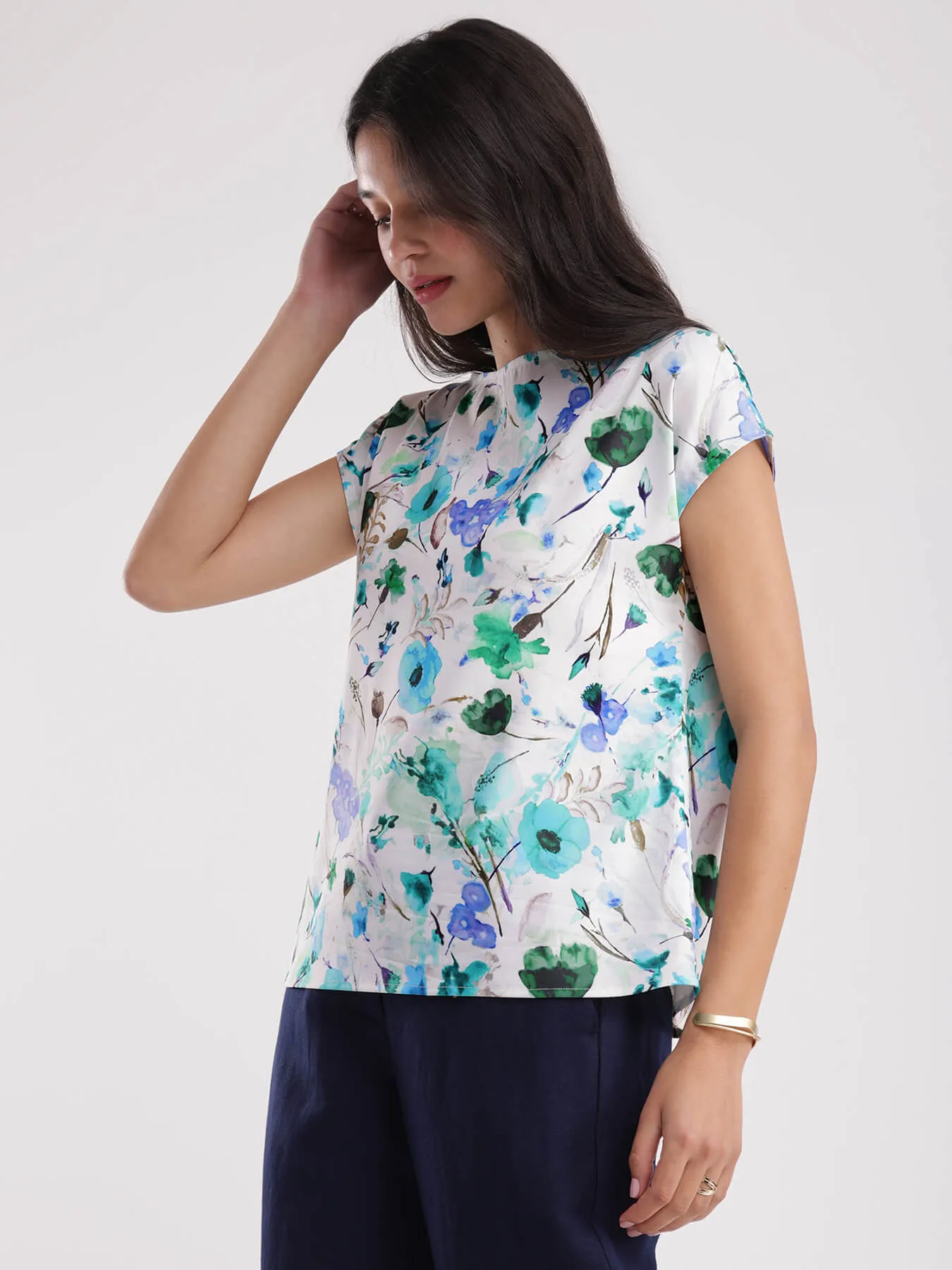 Floral Boat Neck Top - Blue And Green