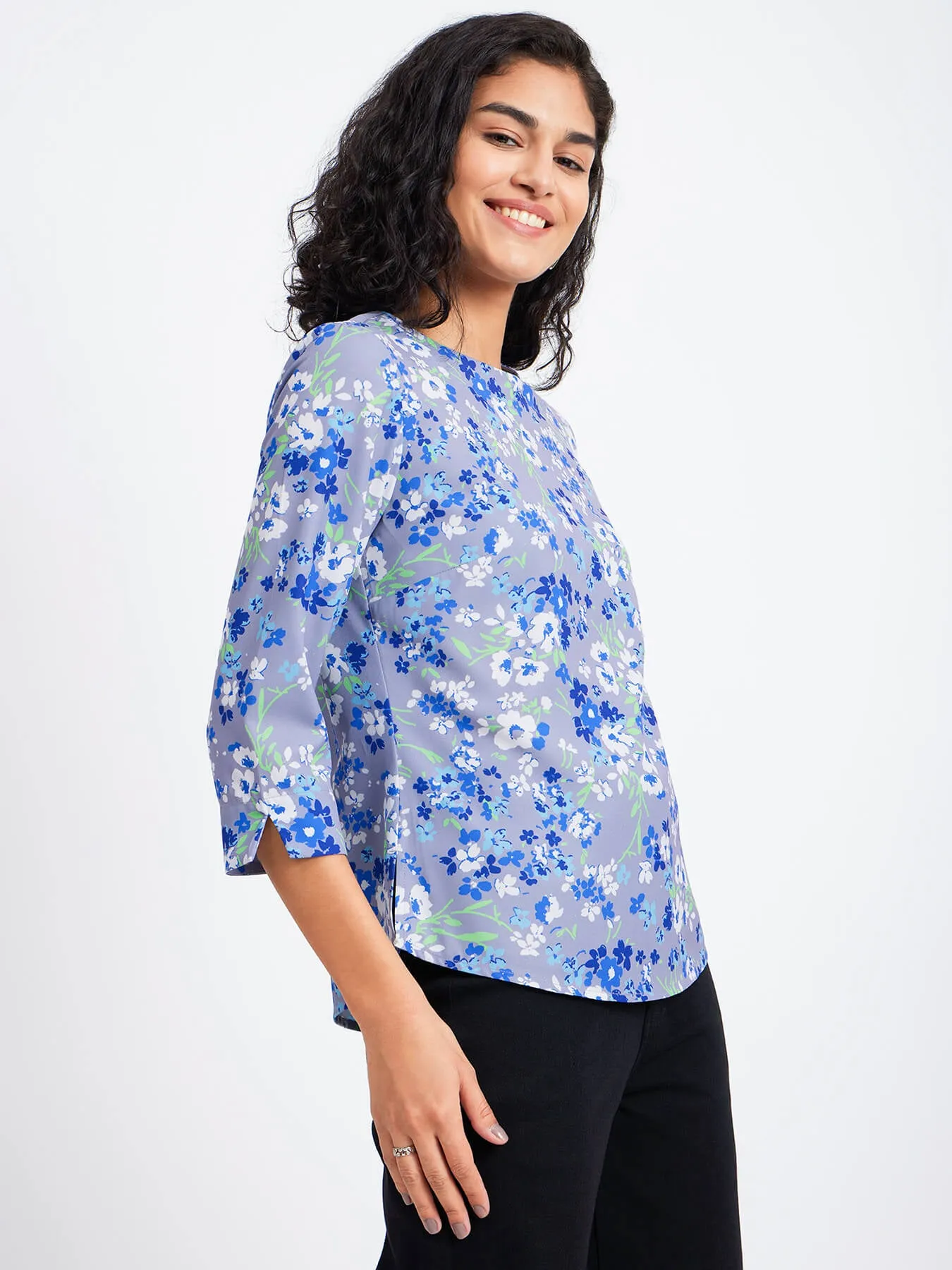 Floral Print Crew Neck Top - Blue