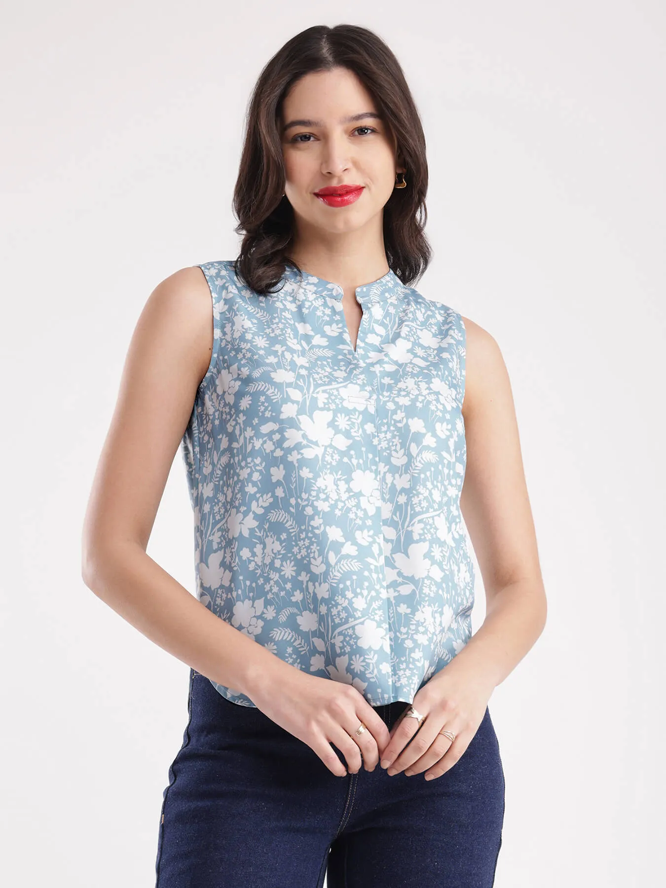 Floral Print Top - Blue And White