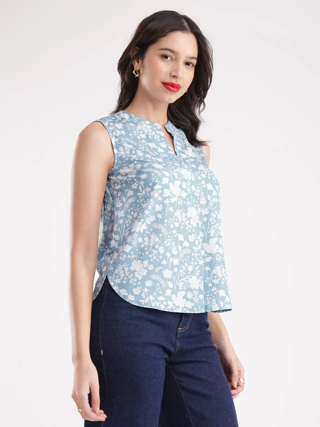 Floral Print Top - Blue And White