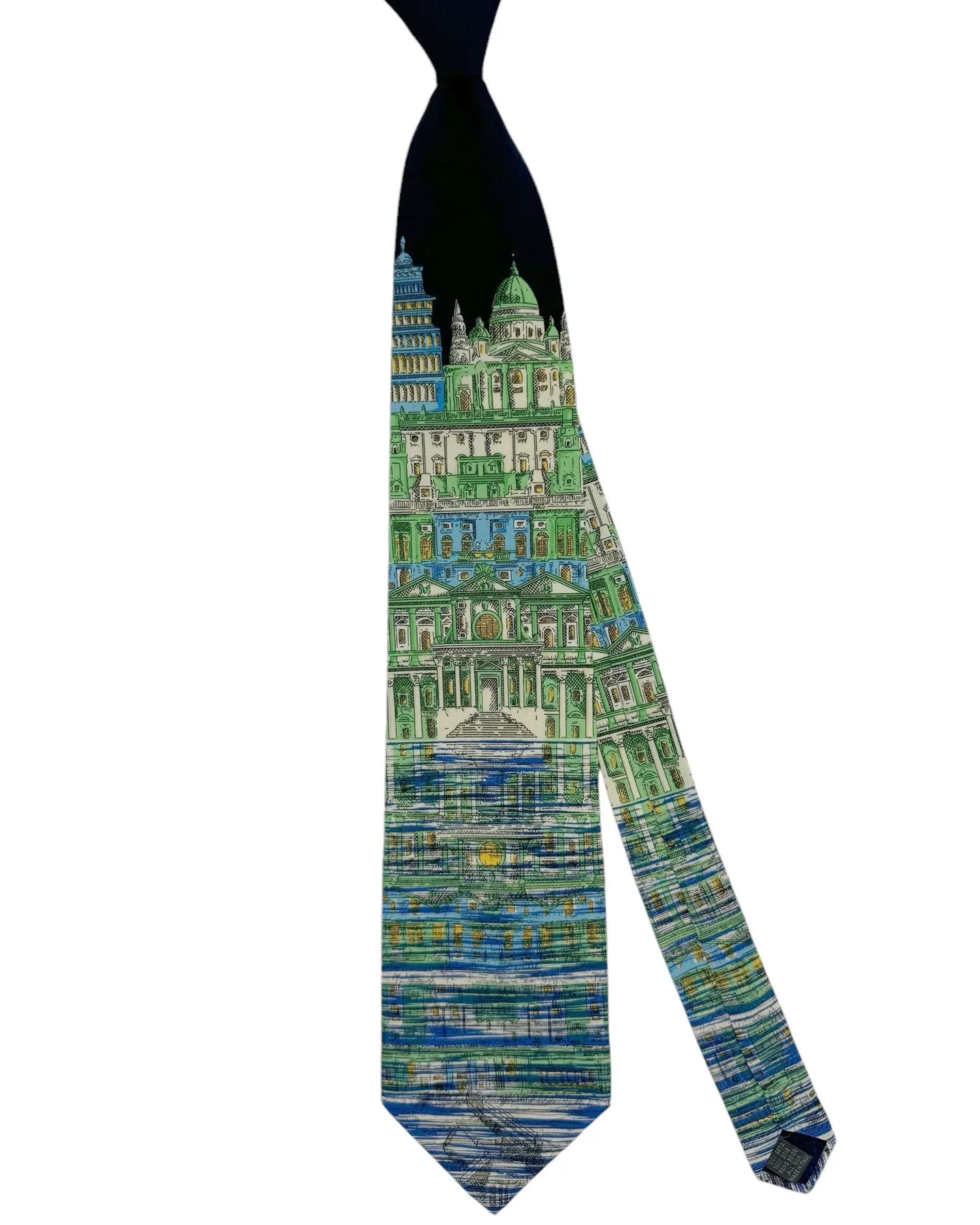 Fornasetti Tie Royal Blue Green Citta' Che Si Rispecchia Design - Wide Necktie